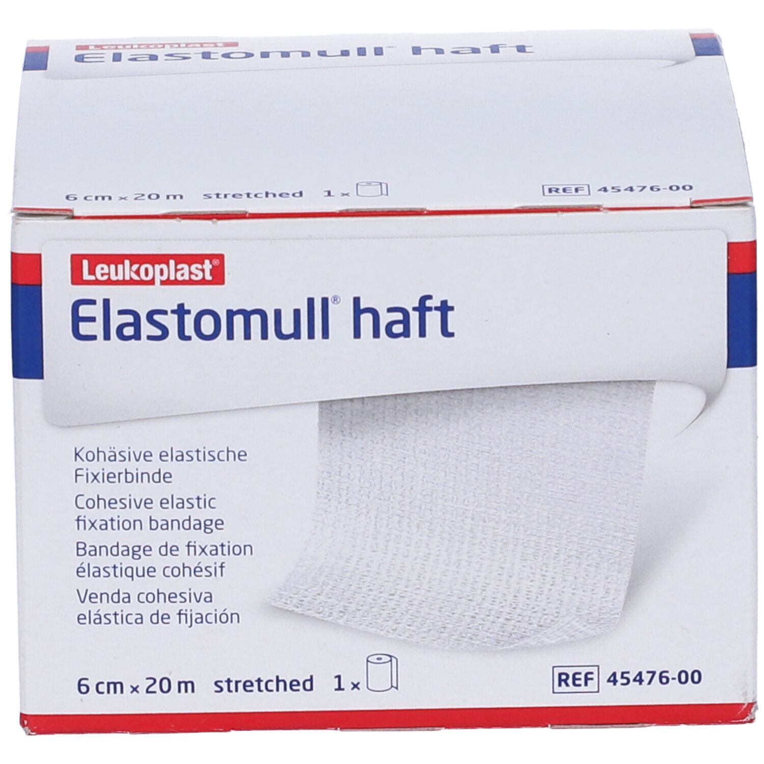 Confezione di benda di fissaggio Elastomull haft. 6 cm x 20 m. Logo Leukoplast. Descrizioni multilingue.