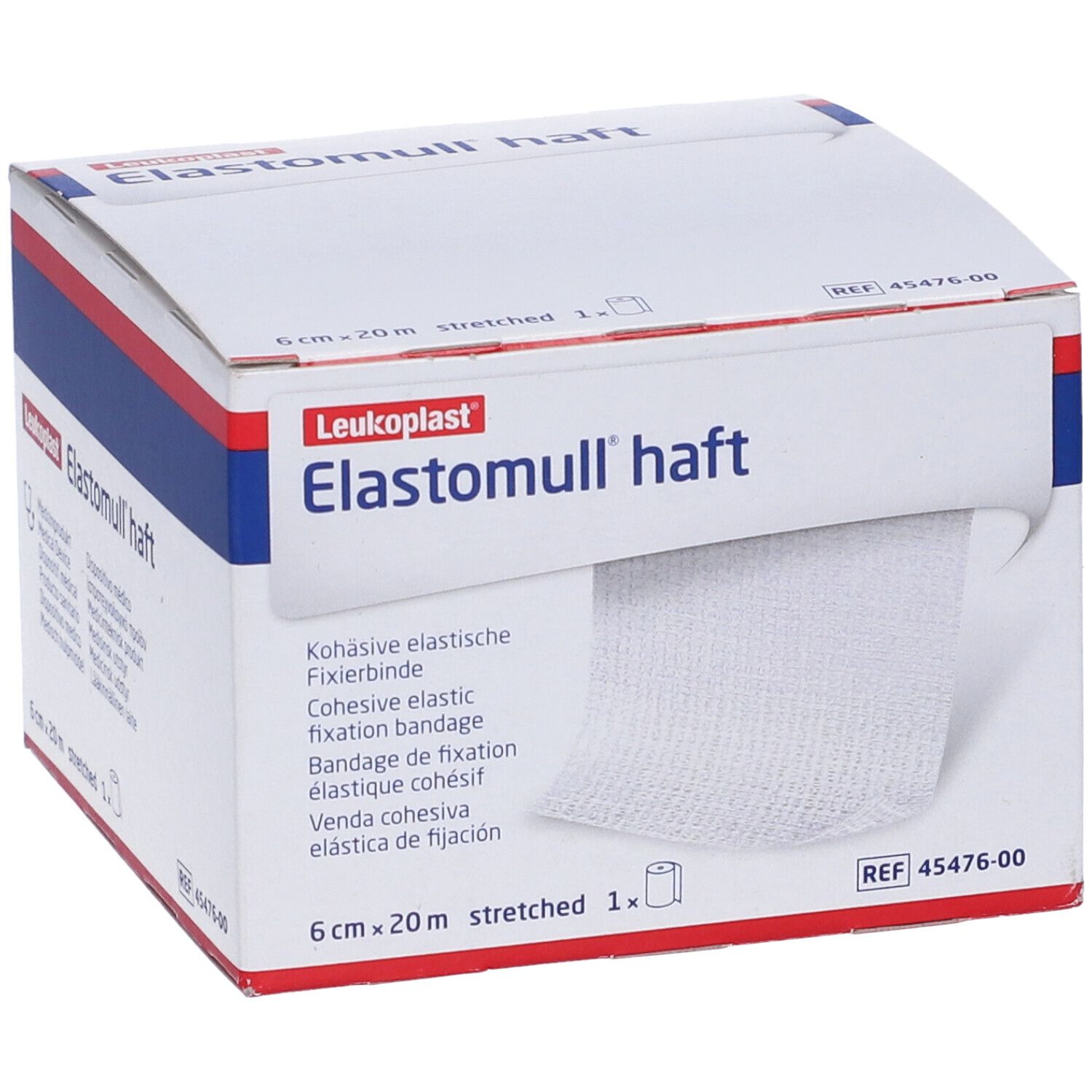 Confezione di benda di fissaggio Elastomull haft. 6 cm x 20 m. Logo Leukoplast. Descrizioni multilingue.