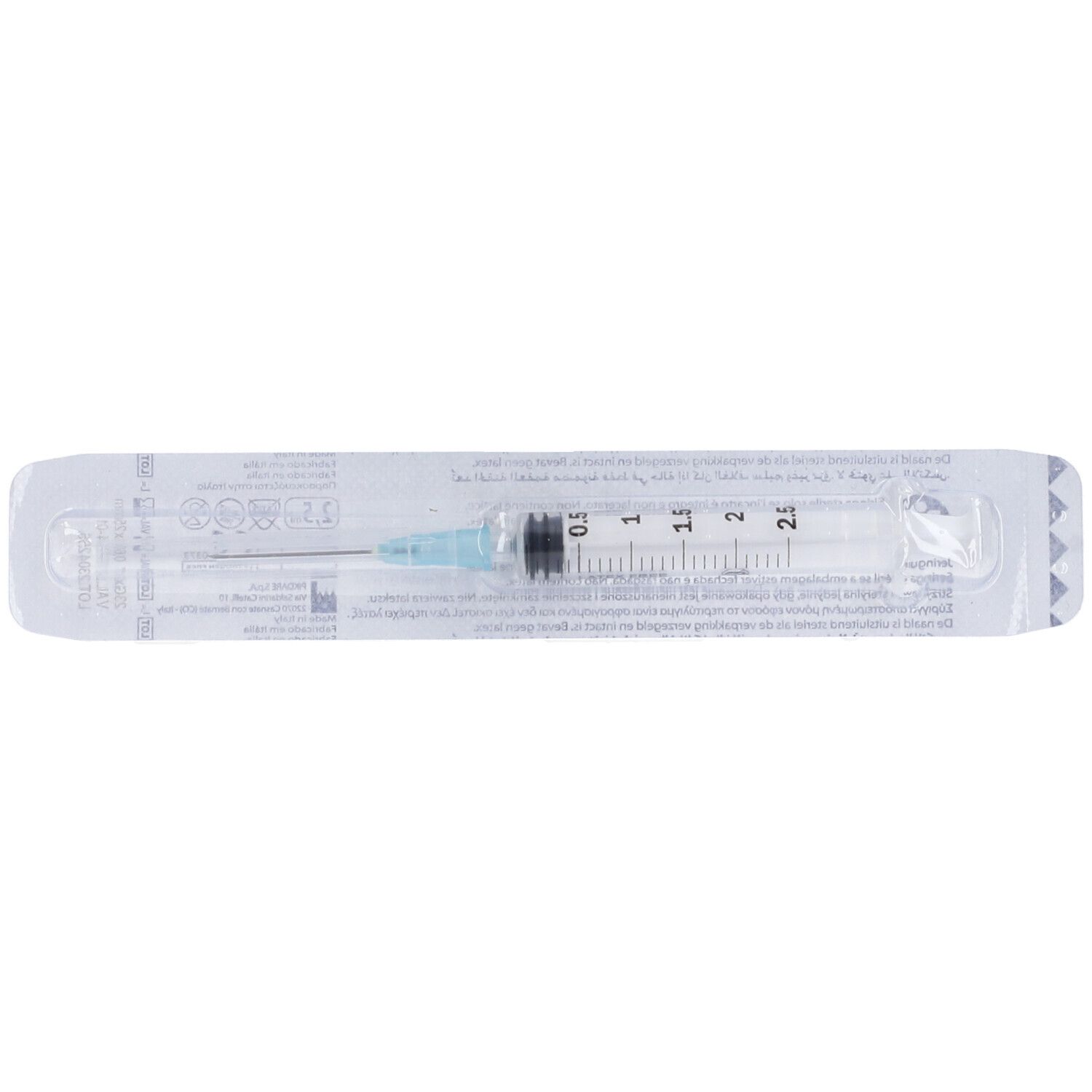 Siringa in confezione sigillata. Cilindro graduato fino a 2,5 ml. Ago con cappuccio.