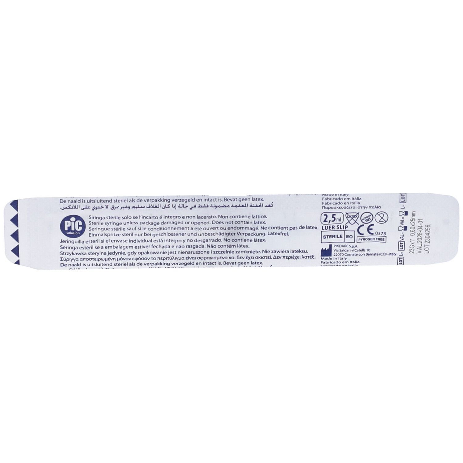 Confezione di una siringa. Testo con informazioni sul prodotto. Scala fino a 2,5 ml. Marchio CE.