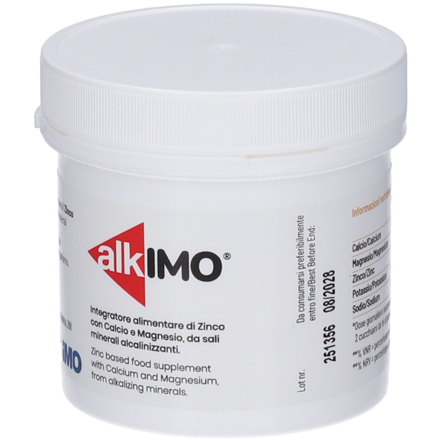 Vorderseite eines weißen Behälters mit alkimo® Logo und Produktinformationen.