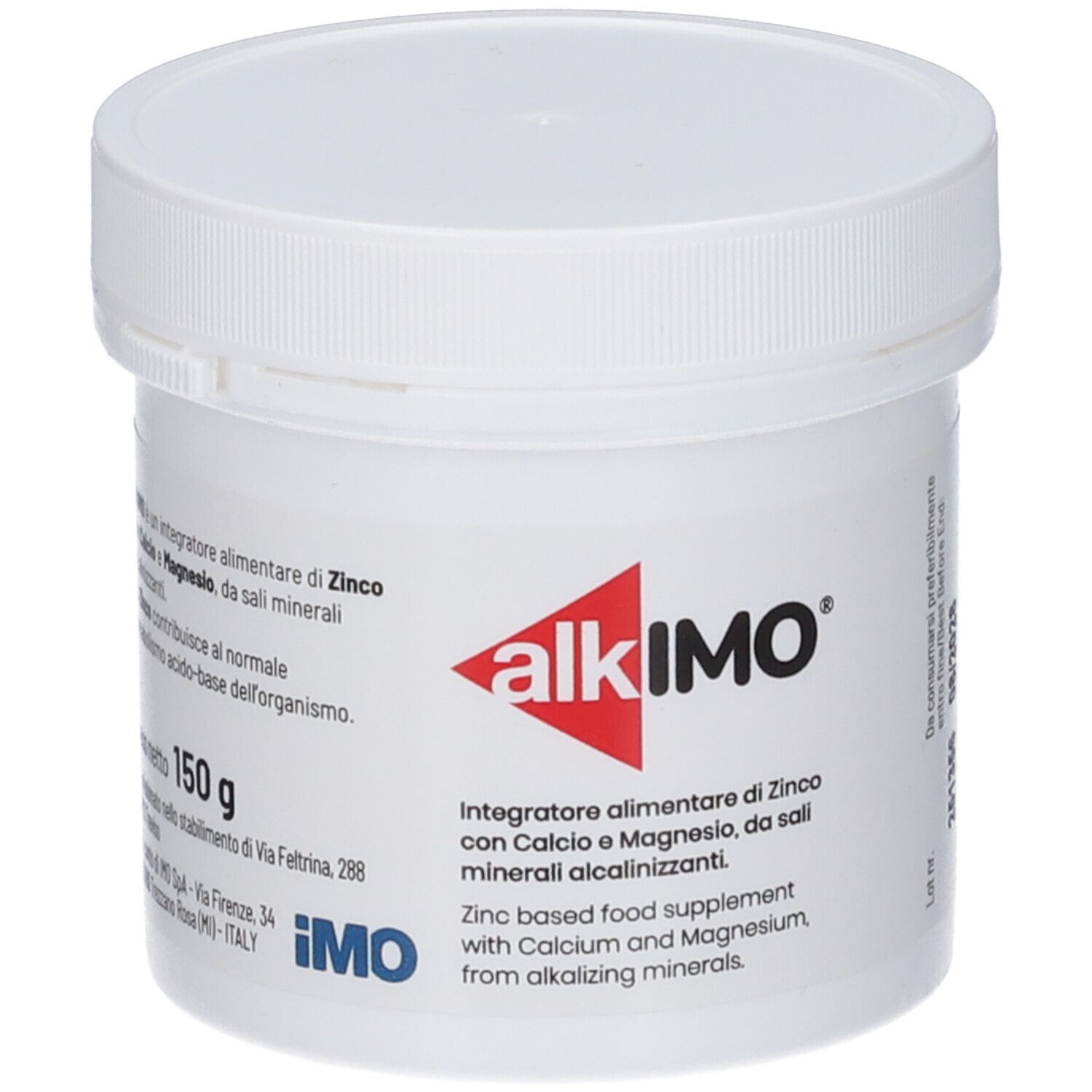 Vorderseite eines weißen Behälters mit alkimo® Logo, Produktinformationen und Gewicht.