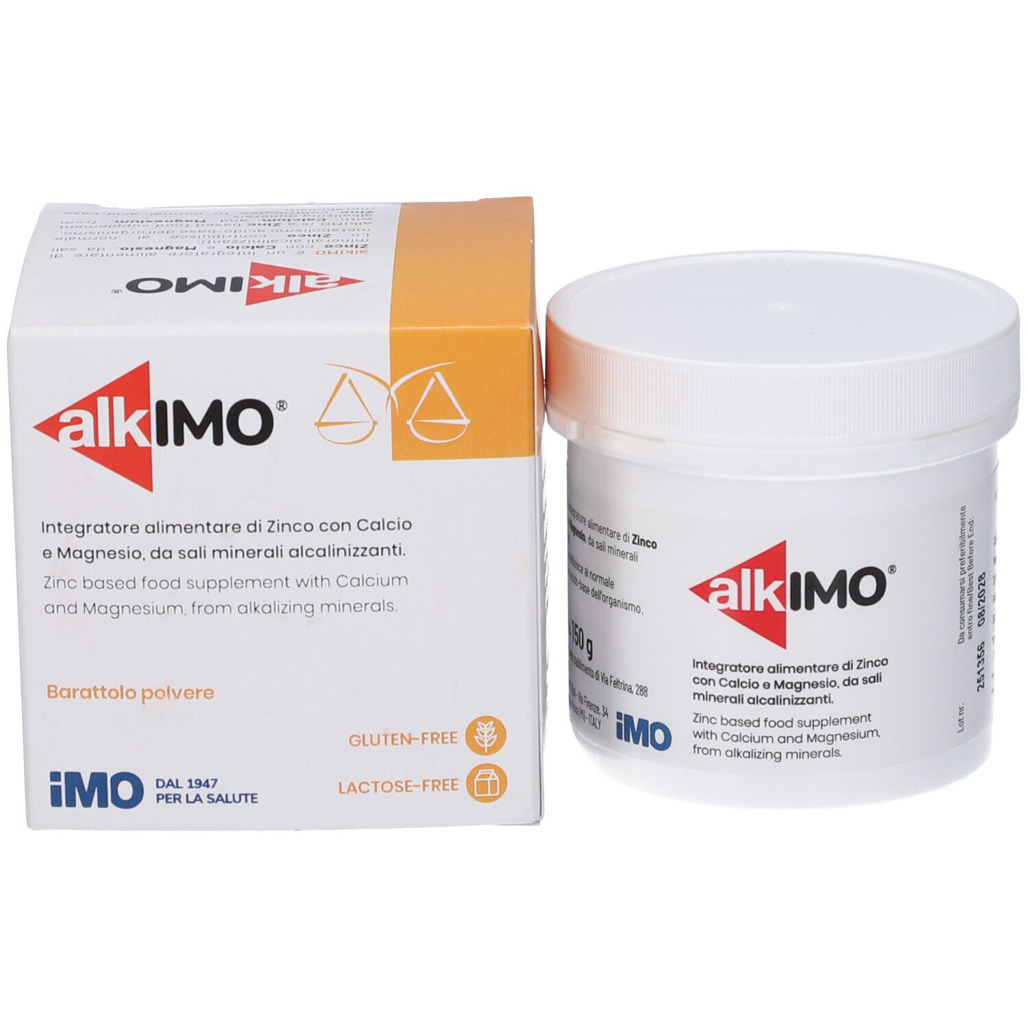 Verpackung und Behälter von alkimo® Calcio, Magnesio, Zinco, gluten- und laktosefrei.