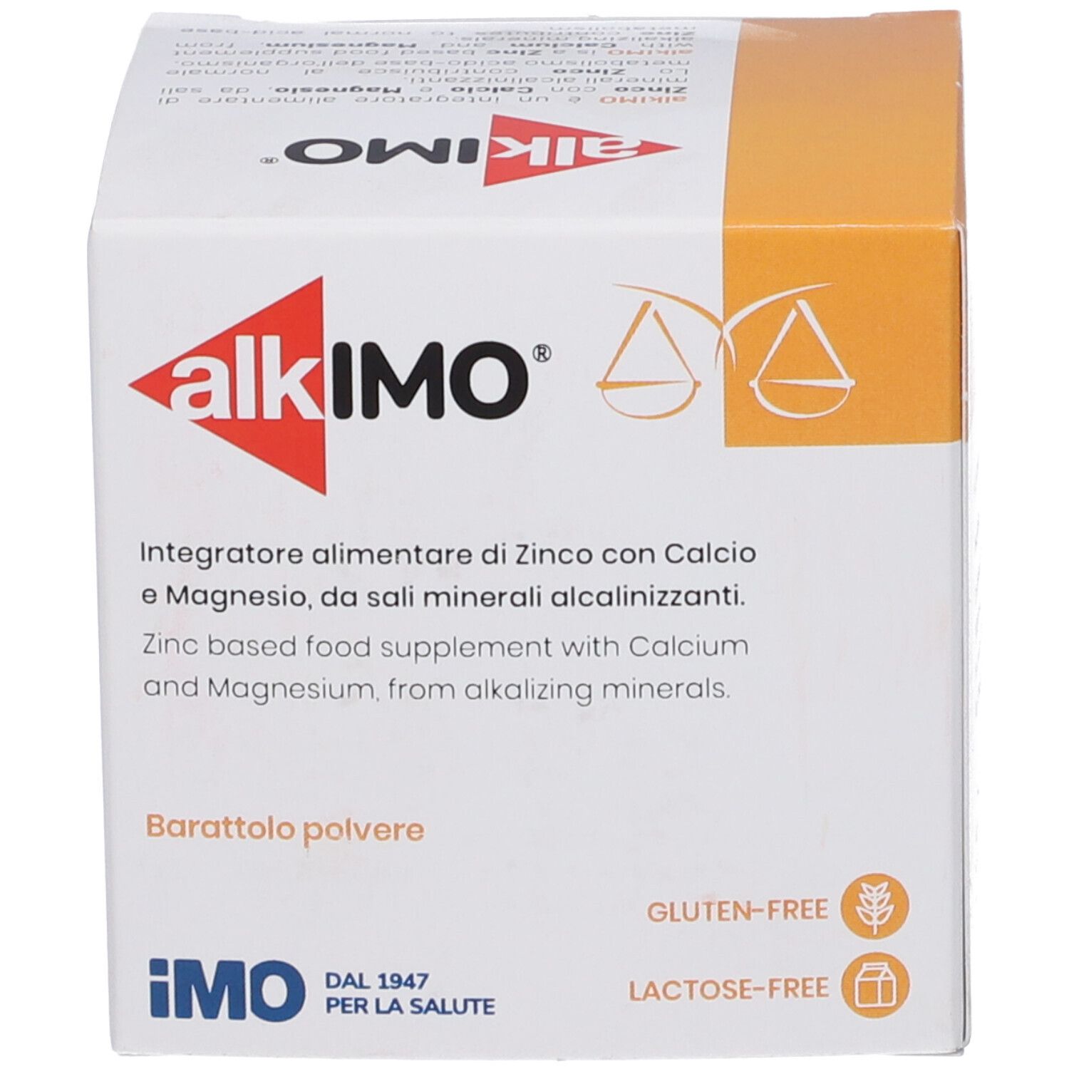 Verpackung von alkimo® Calcio, Magnesio, Zinco, gluten- und laktosefrei.