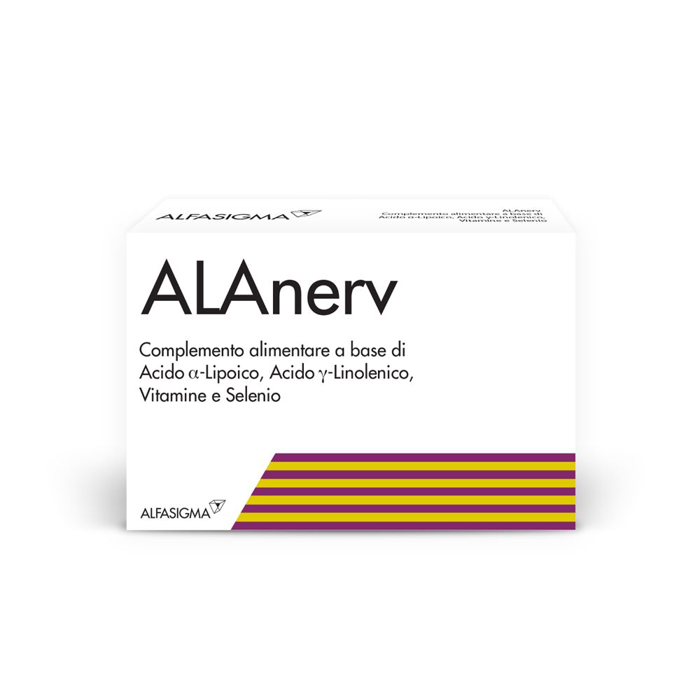 ALAnerv-Verpackung. Weißer Karton mit Produktnamen und Inhaltsstoffen. Alfasiigma-Logo.