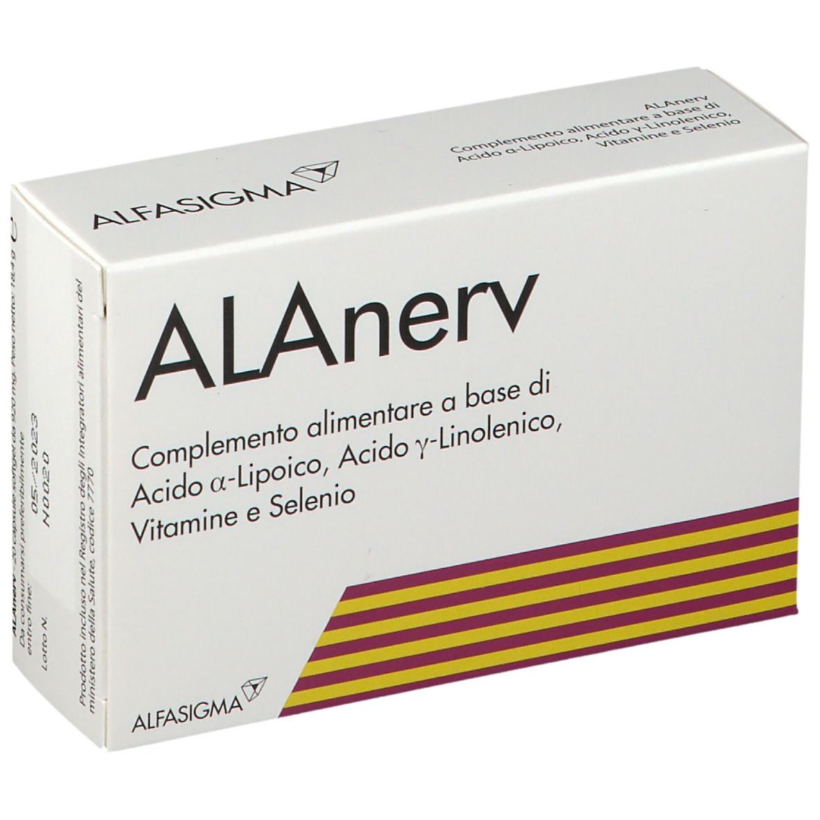 ALAnerv-Verpackung. Weißer Karton mit Produktnamen und Inhaltsstoffen. Alfasiigma-Logo.