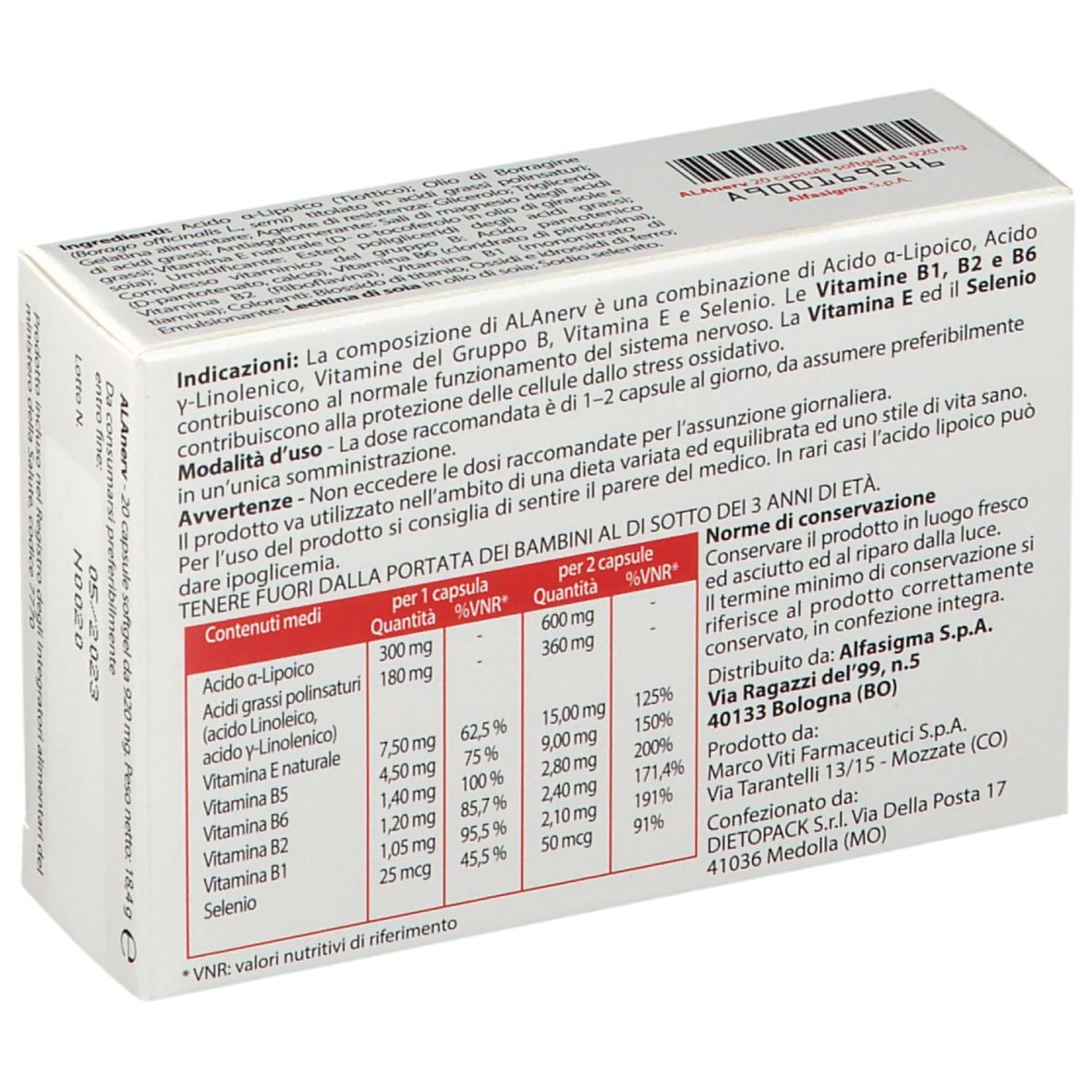 ALAnerv-Verpackung. Rückseite mit Inhaltsstoffen und Informationen. Alfasiigma-Logo.
