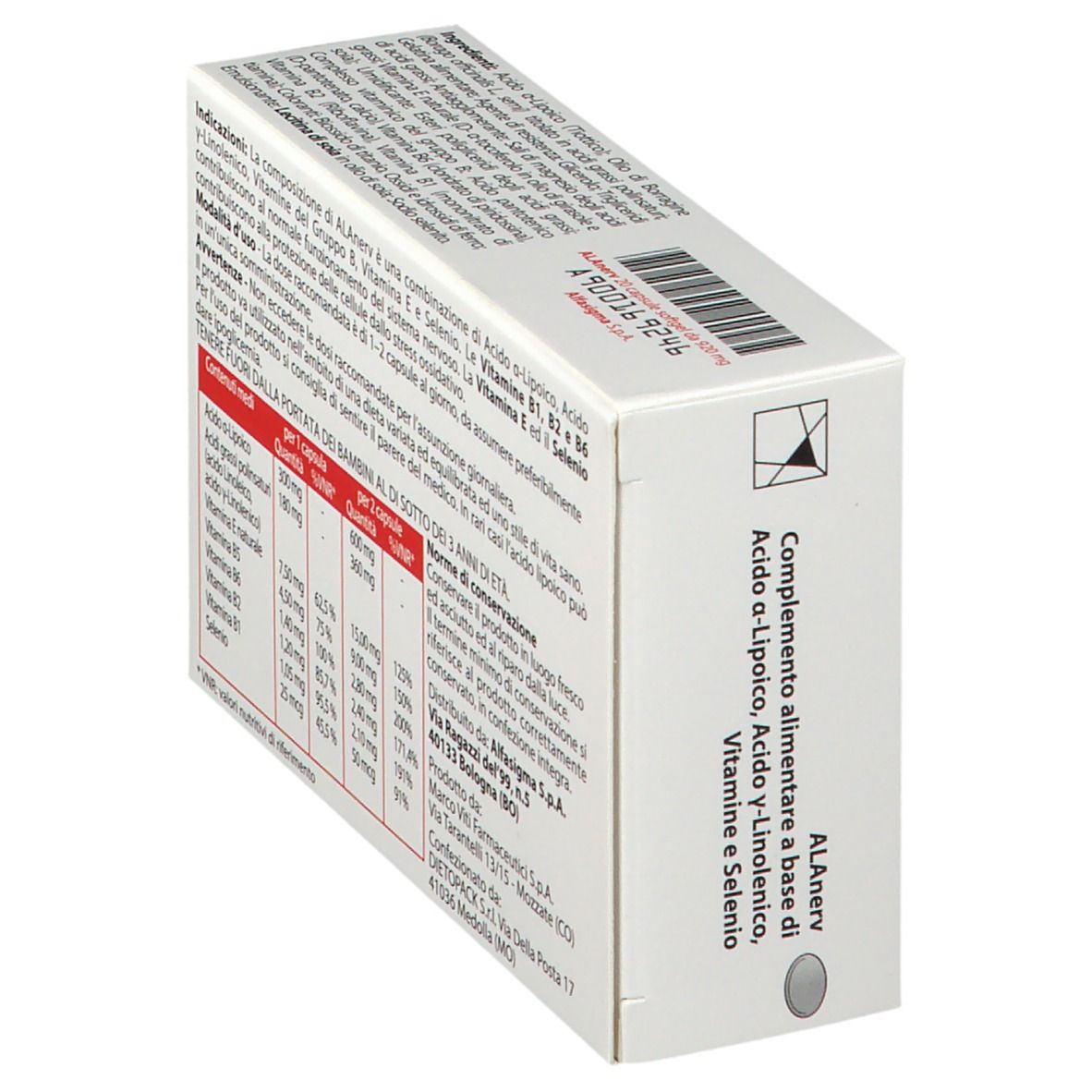 ALAnerv-Verpackung. Schrägansicht. Rückseite mit Inhaltsstoffen und Informationen. Alfasiigma-Logo.