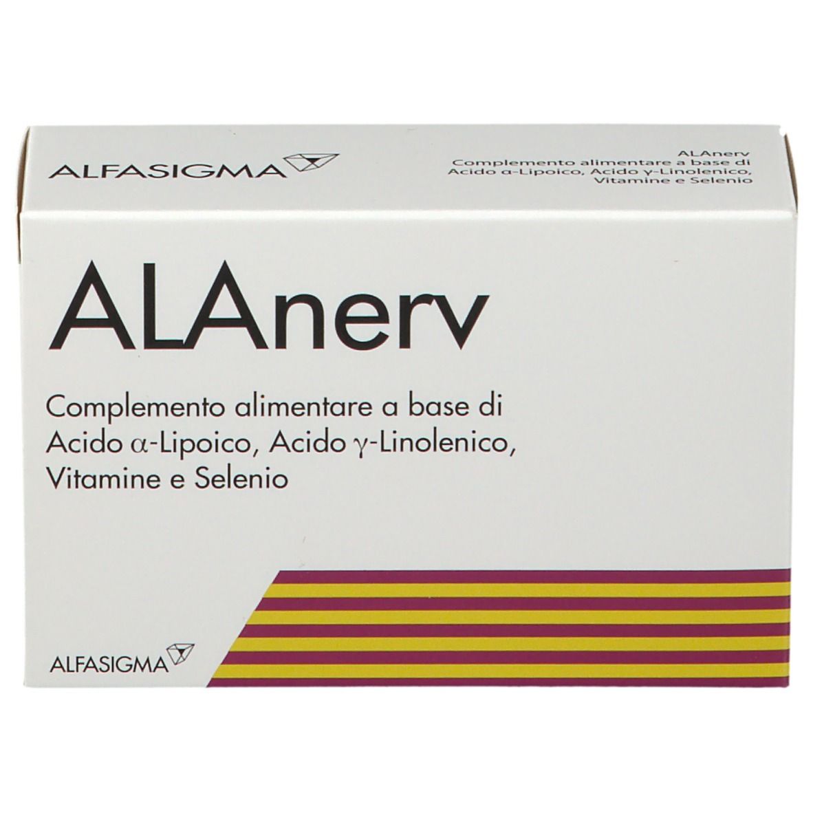 ALAnerv-Verpackung. Weißer Karton mit Produktnamen und Inhaltsstoffen. Alfasiigma-Logo.