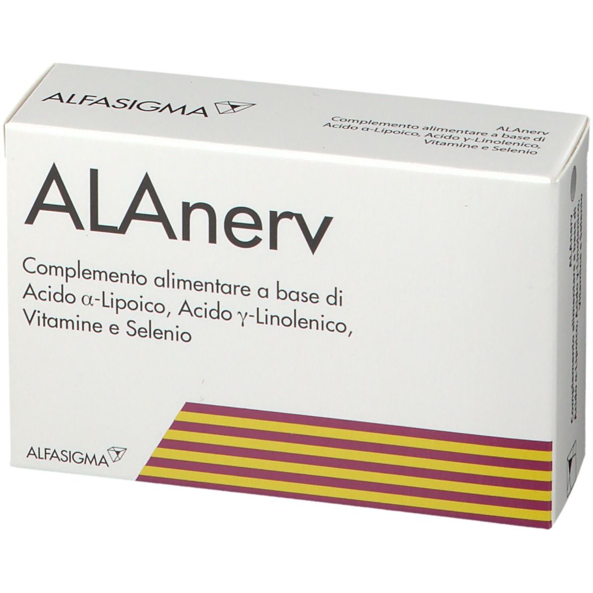 ALAnerv-Verpackung. Weißer Karton mit Produktnamen und Inhaltsstoffen. Alfasiigma-Logo.