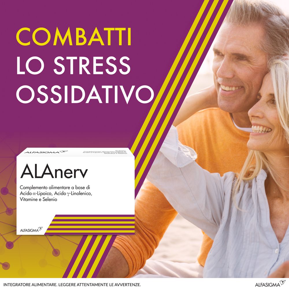 Werbebild mit Paar. ALAnerv-Verpackung im Hintergrund. Text: Bekämpfen Sie oxidativen Stress.