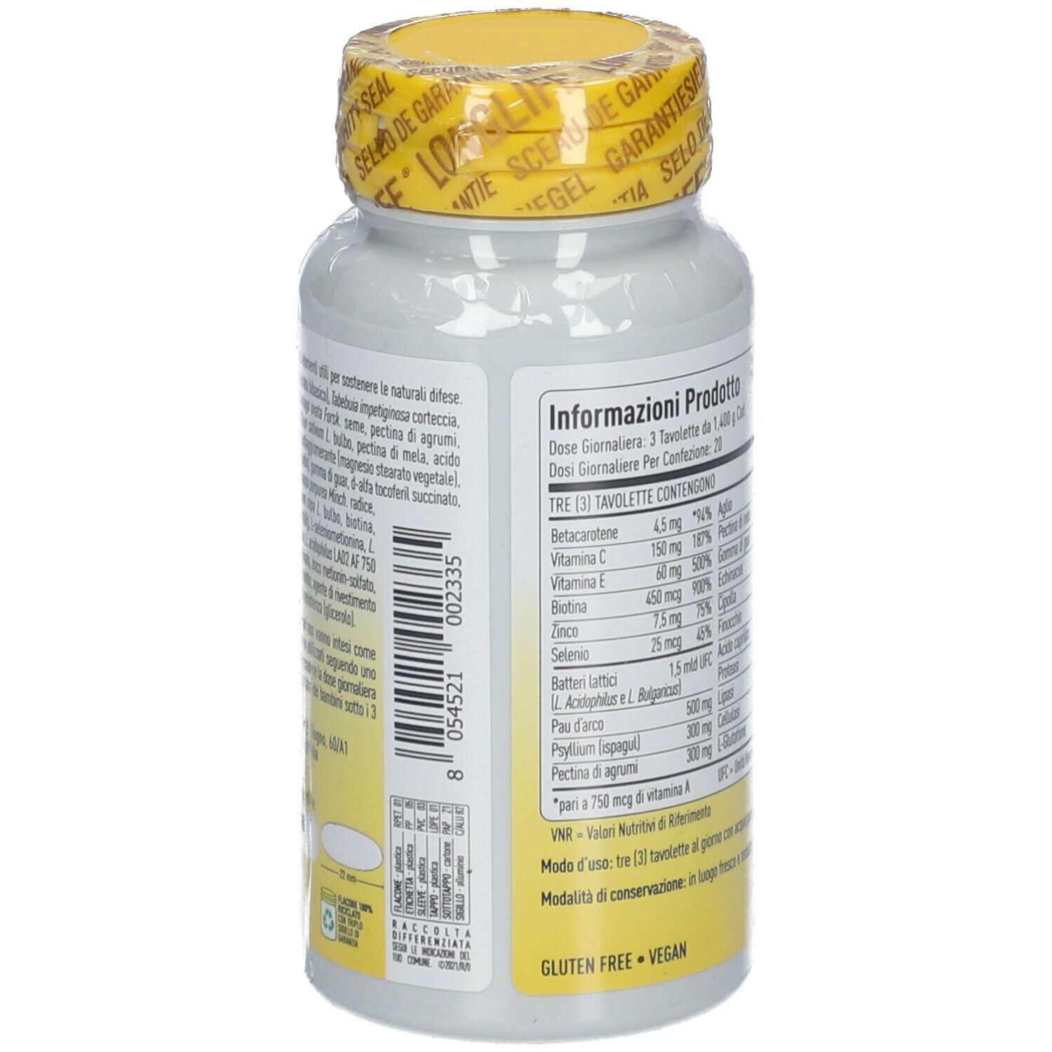 Retro del flacone con tappo giallo. Scritta LongLife Yeastrol. Contiene 60 compresse. Ingredienti e informazioni nutrizionali.
