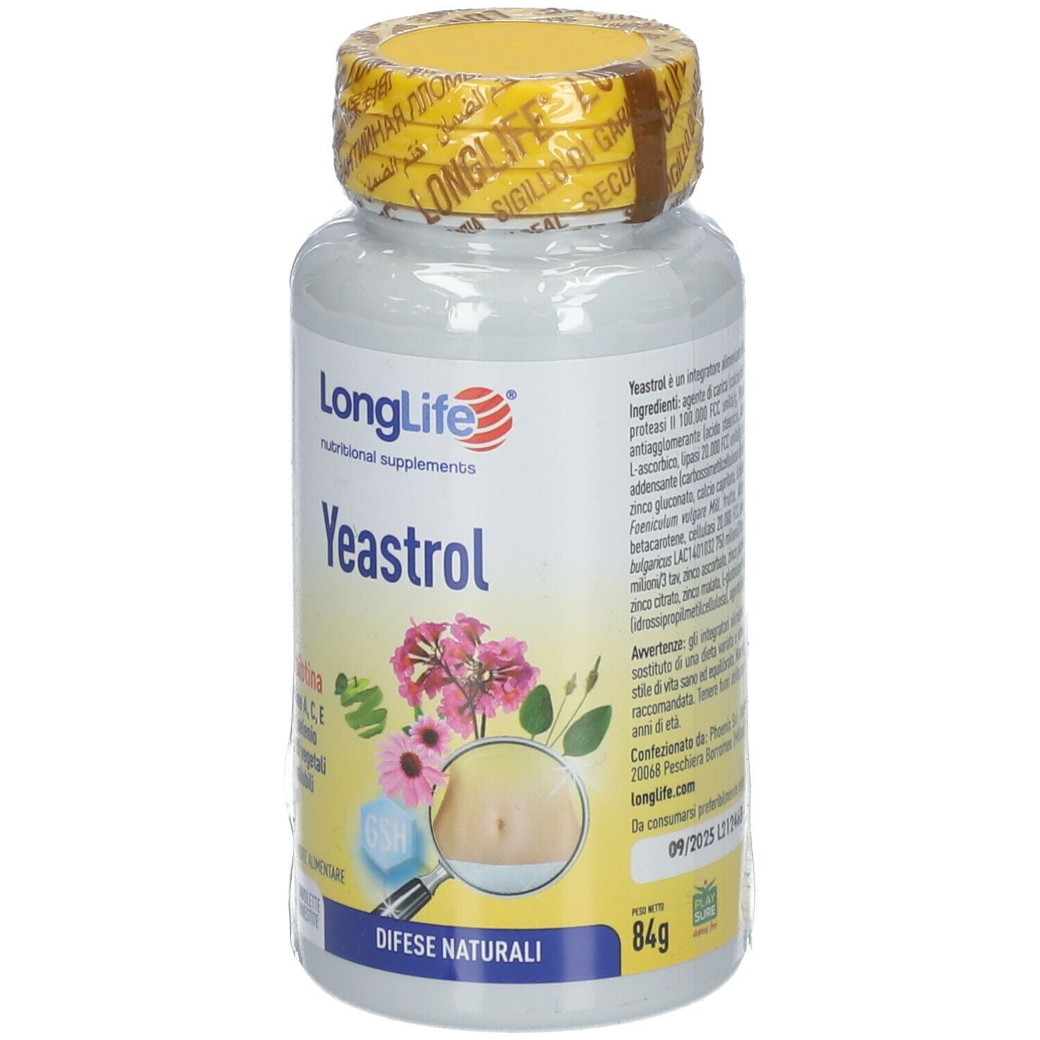 Flacone bianco con tappo giallo. Scritta LongLife Yeastrol. Contiene 60 compresse. Illustrazione con pancia e fiori. Peso: 84g.
