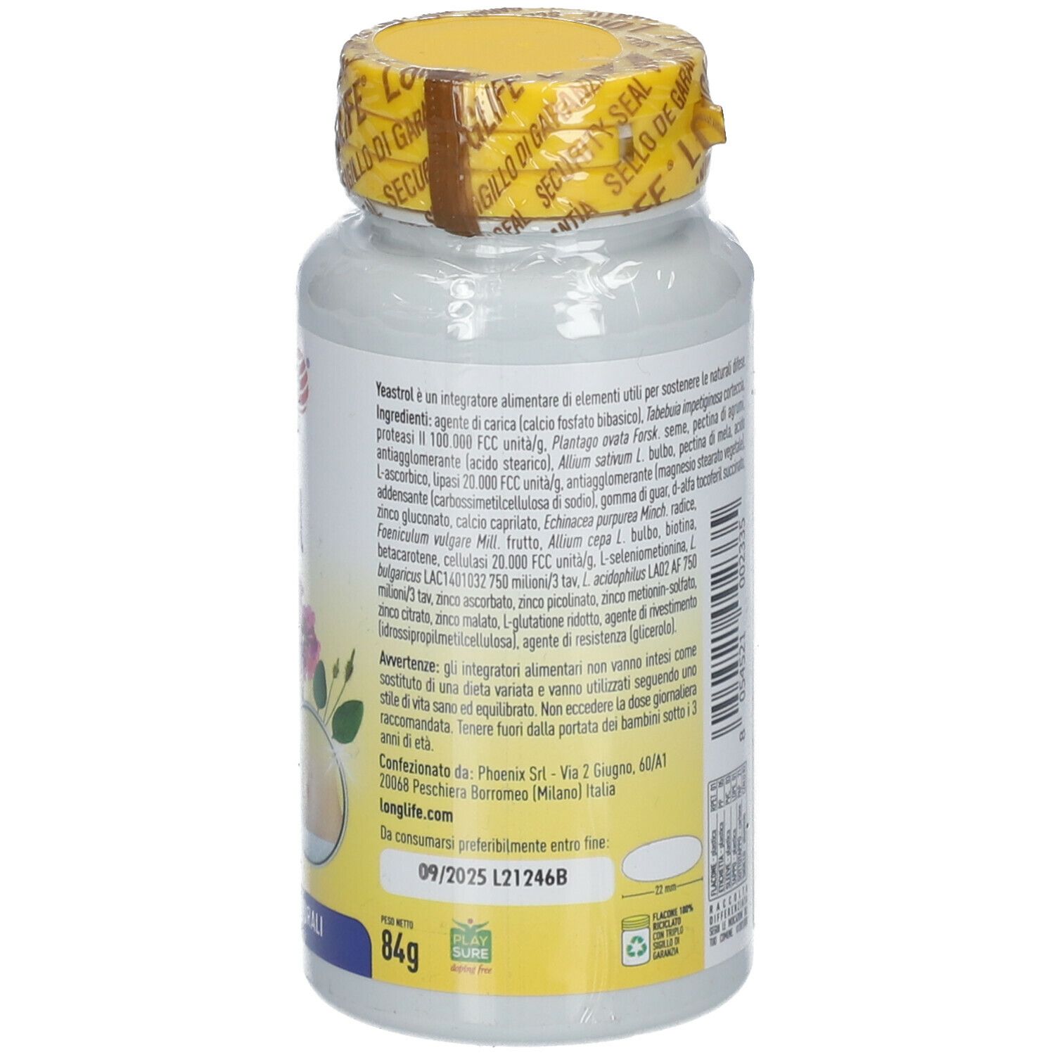 Retro del flacone con tappo giallo. Scritta LongLife Yeastrol. Ingredienti, peso: 84g. Informazioni sull'uso.