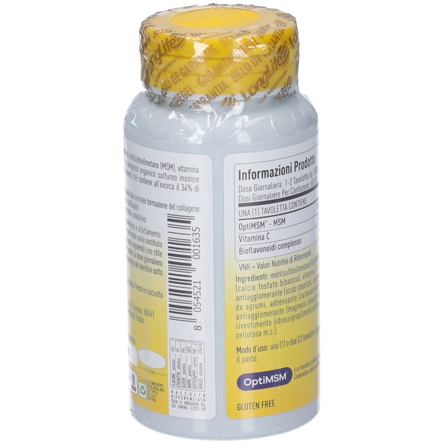 Seitenansicht LongLife MSM Flasche. Produktinformationen, Barcode und Inhaltsstoffe.