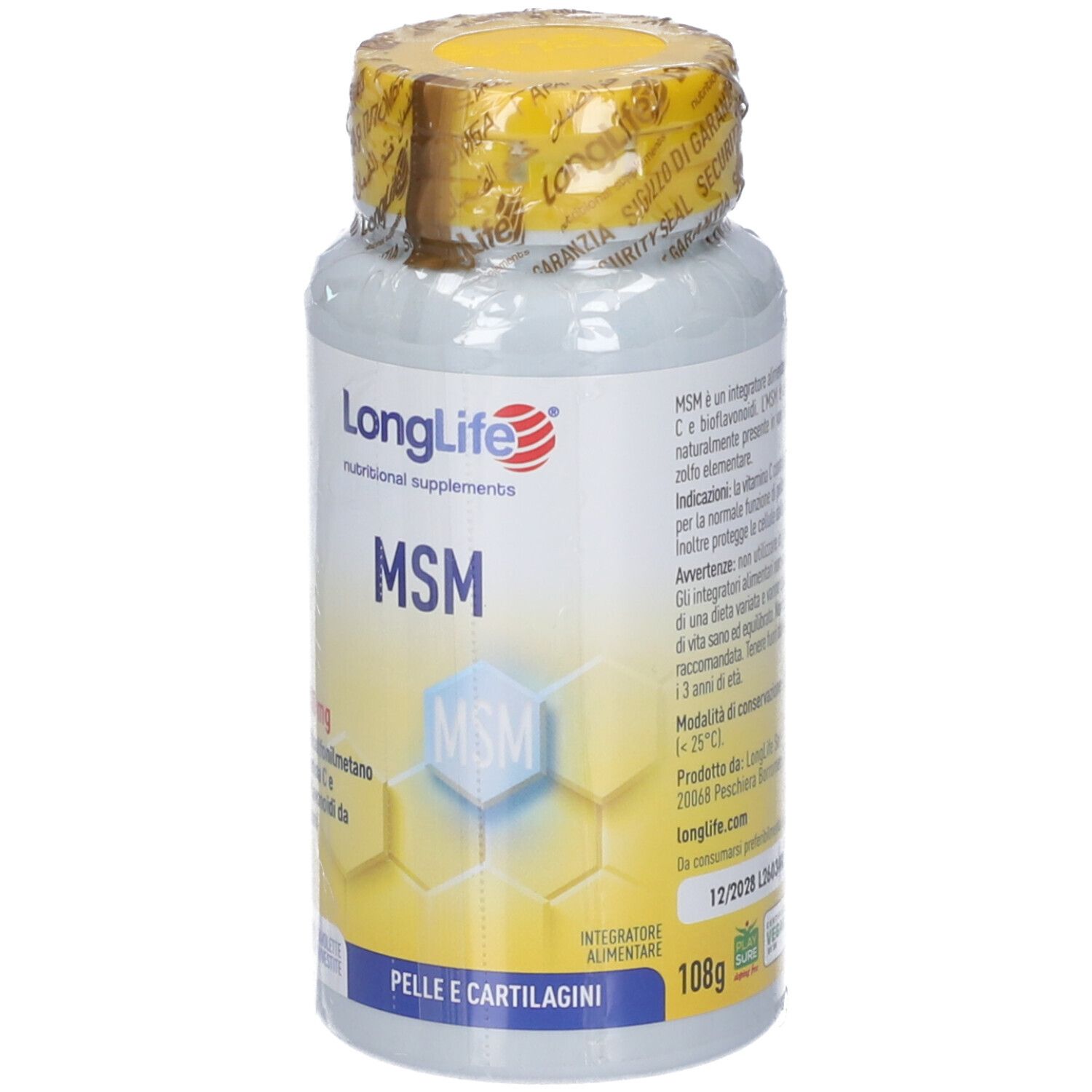 LongLife MSM Flasche. 108g. Für Haut und Knorpel. Enthält MSM, Vitamin C und Bioflavonoide.