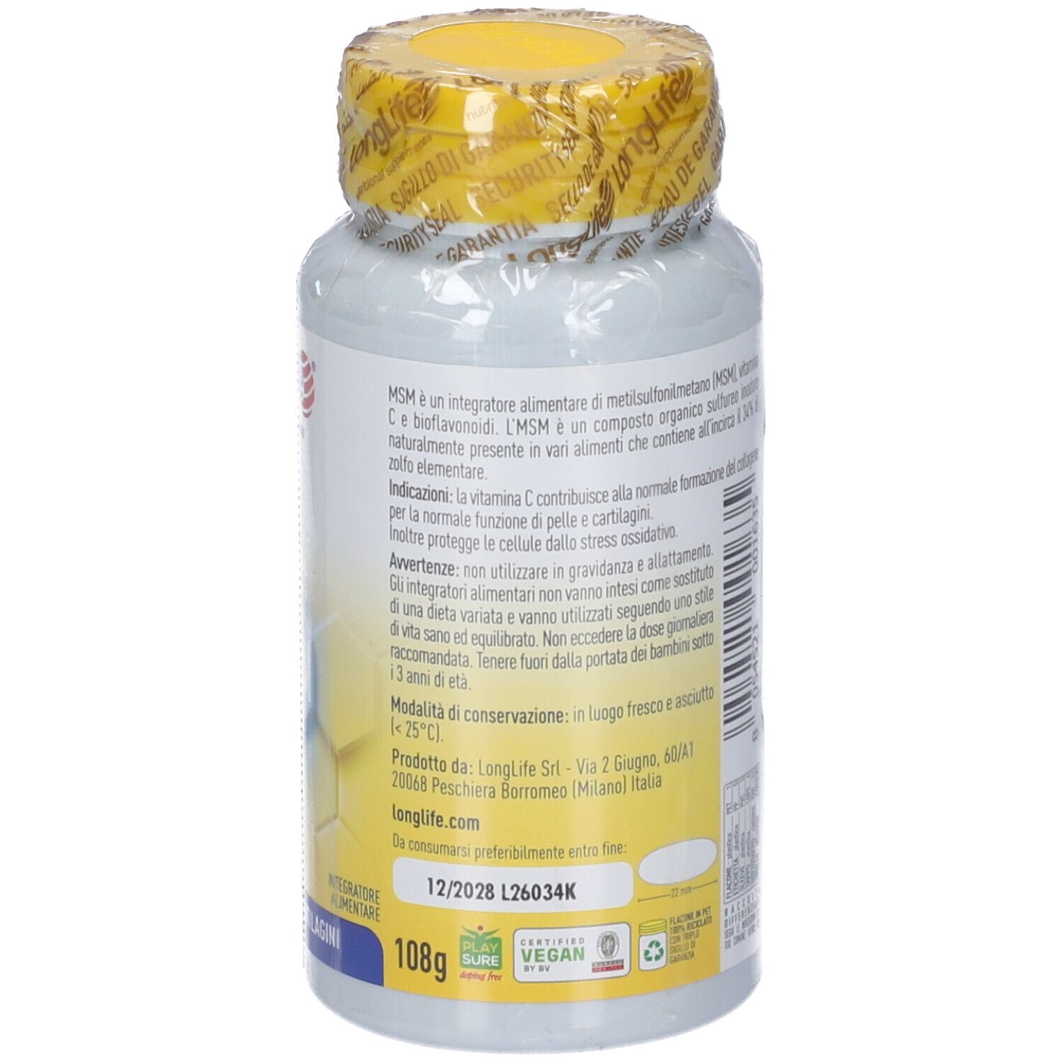Rückseite LongLife MSM Flasche. Informationen zu Inhaltsstoffen, Anwendung und Lagerung.