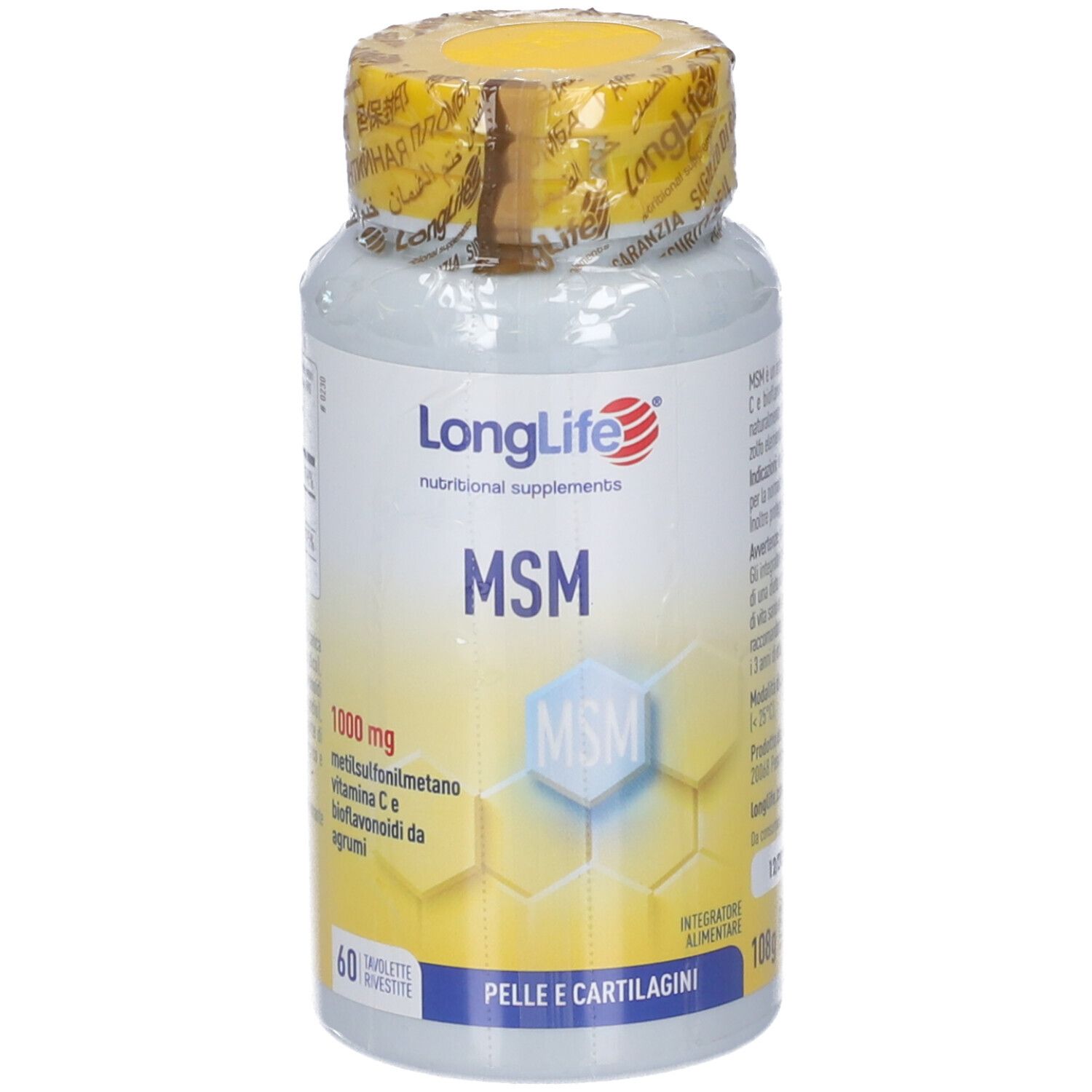 LongLife MSM Flasche. 60 Tabletten. Für Haut und Knorpel. Enthält MSM, Vitamin C und Bioflavonoide.