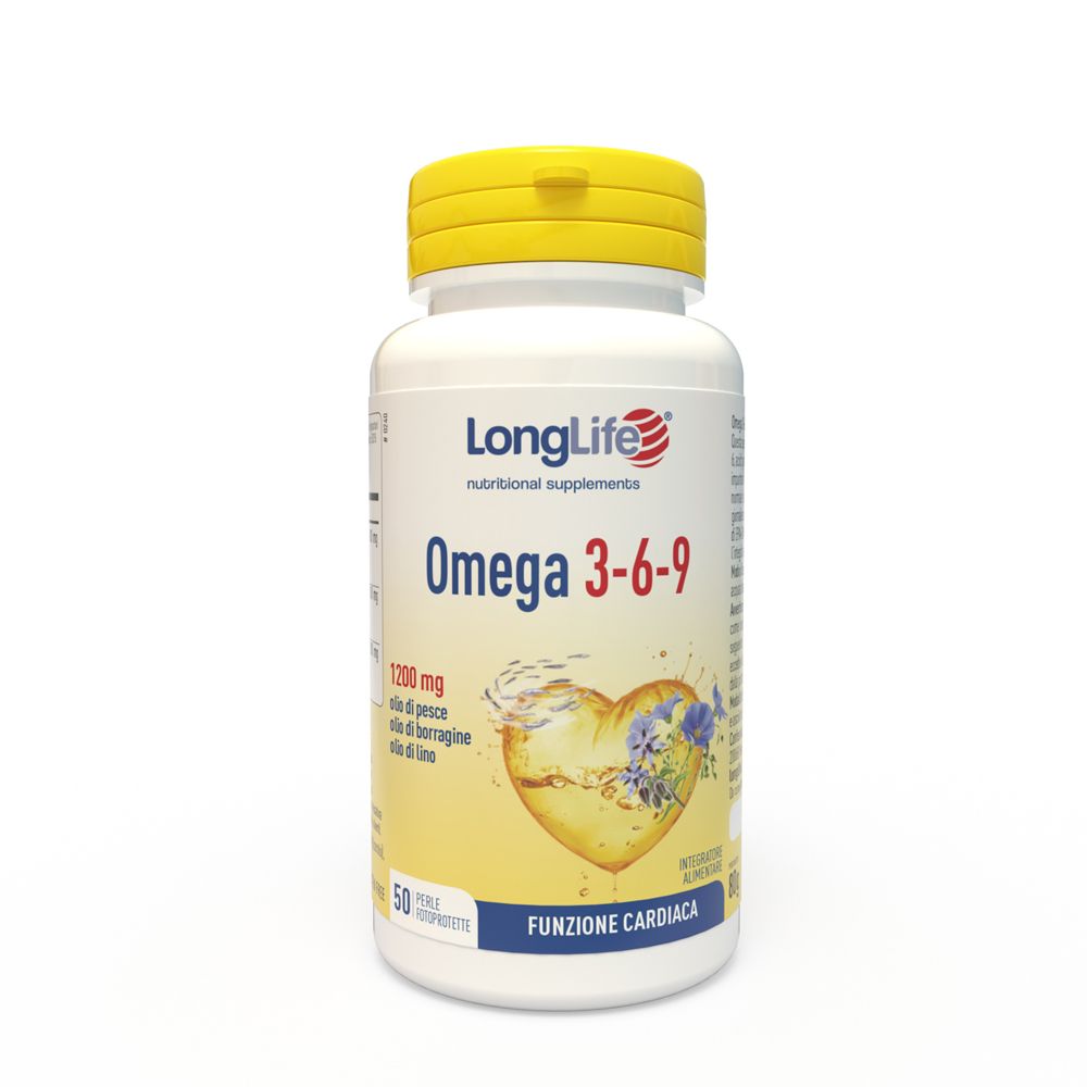 Flacone bianco, tappo giallo. Scritta: LongLife Omega 3-6-9. Grafica cuore. 50 capsule. Funzione cardiaca.