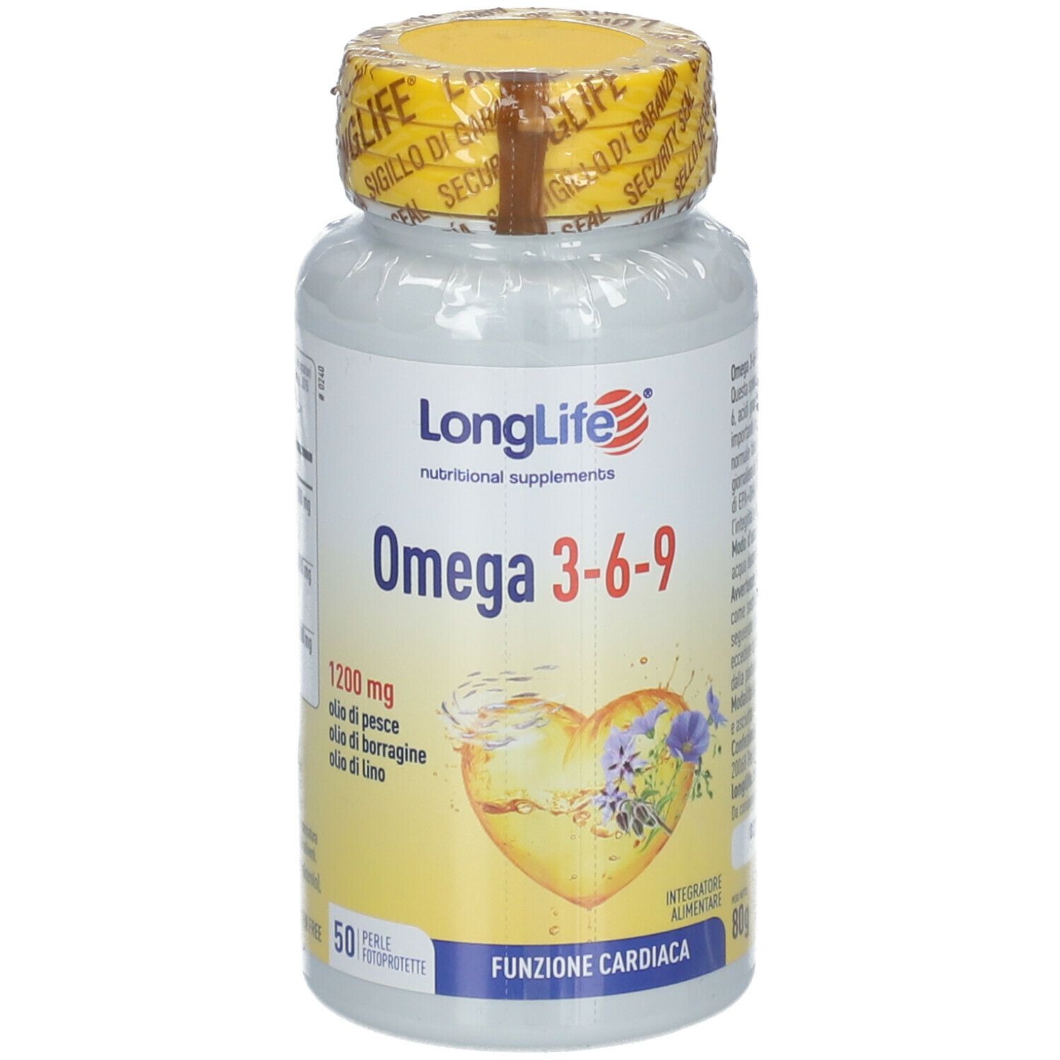 Flacone bianco, tappo giallo. Scritta: LongLife Omega 3-6-9. Grafica cuore. 50 capsule. Funzione cardiaca.