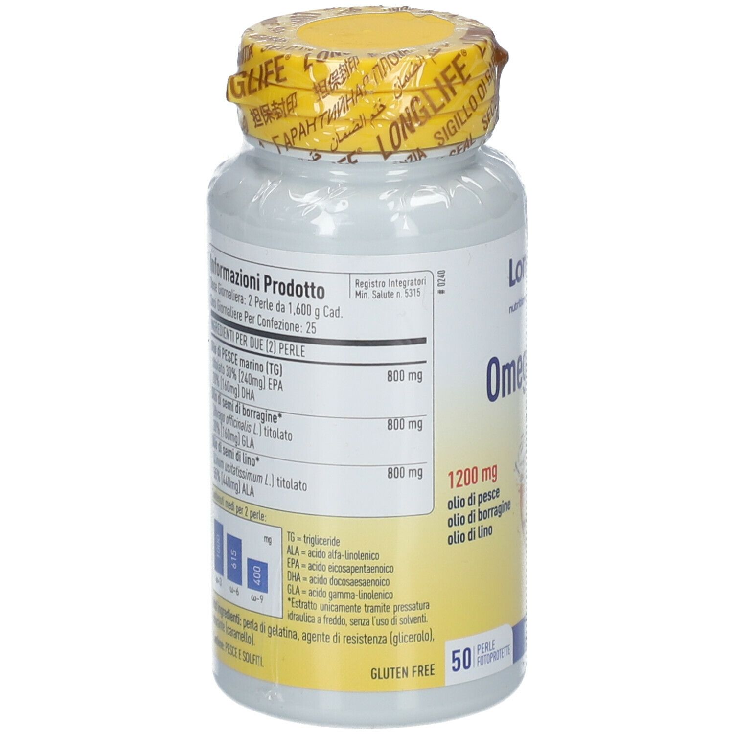 Flacone bianco, tappo giallo. Retro con informazioni prodotto e ingredienti. 50 capsule.