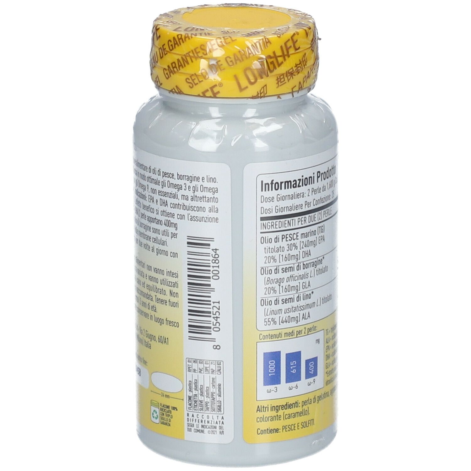 Flacone bianco, tappo giallo. Retro con informazioni prodotto e ingredienti. 50 capsule.