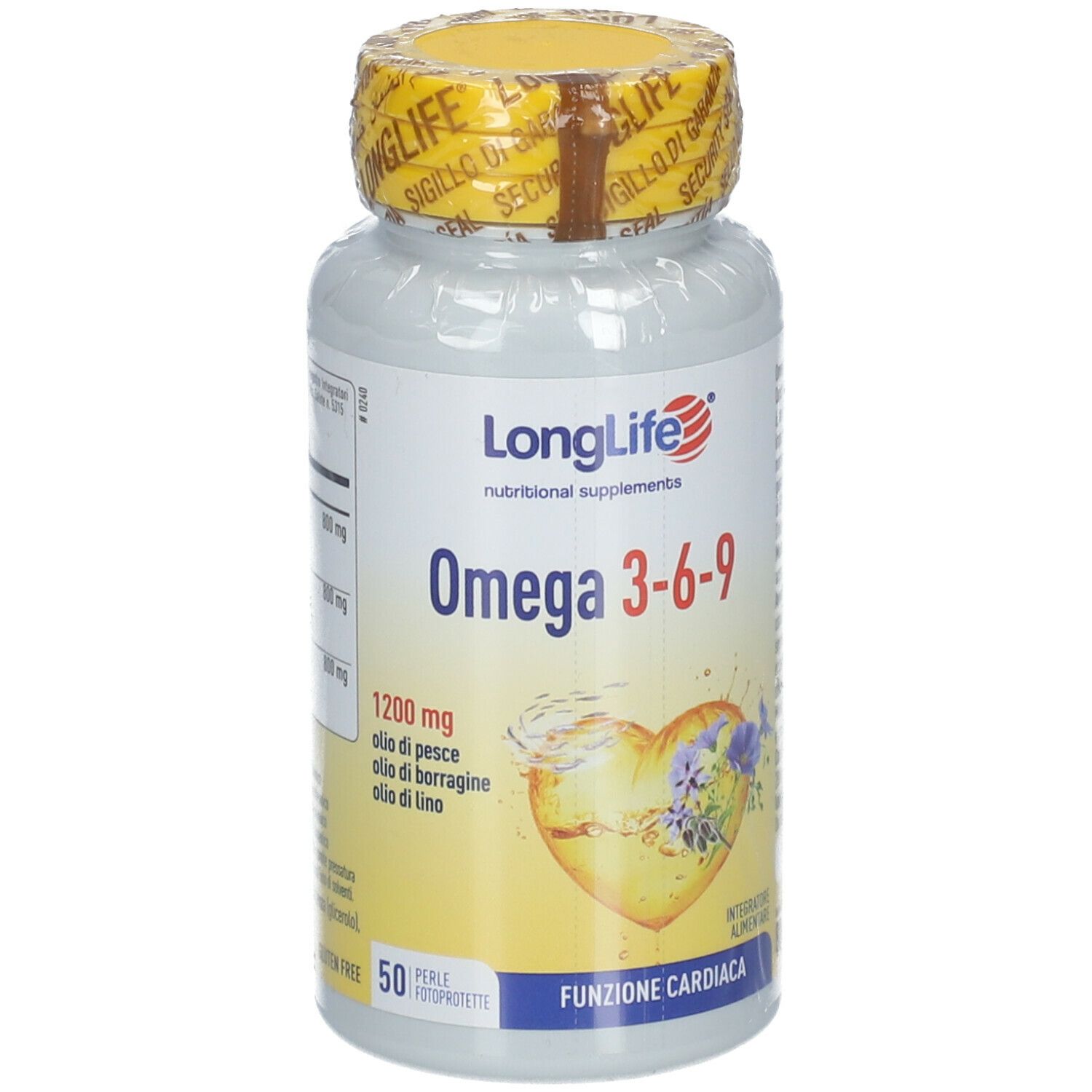Flacone bianco, tappo giallo. Scritta: LongLife Omega 3-6-9. Grafica cuore. 50 capsule. Funzione cardiaca.