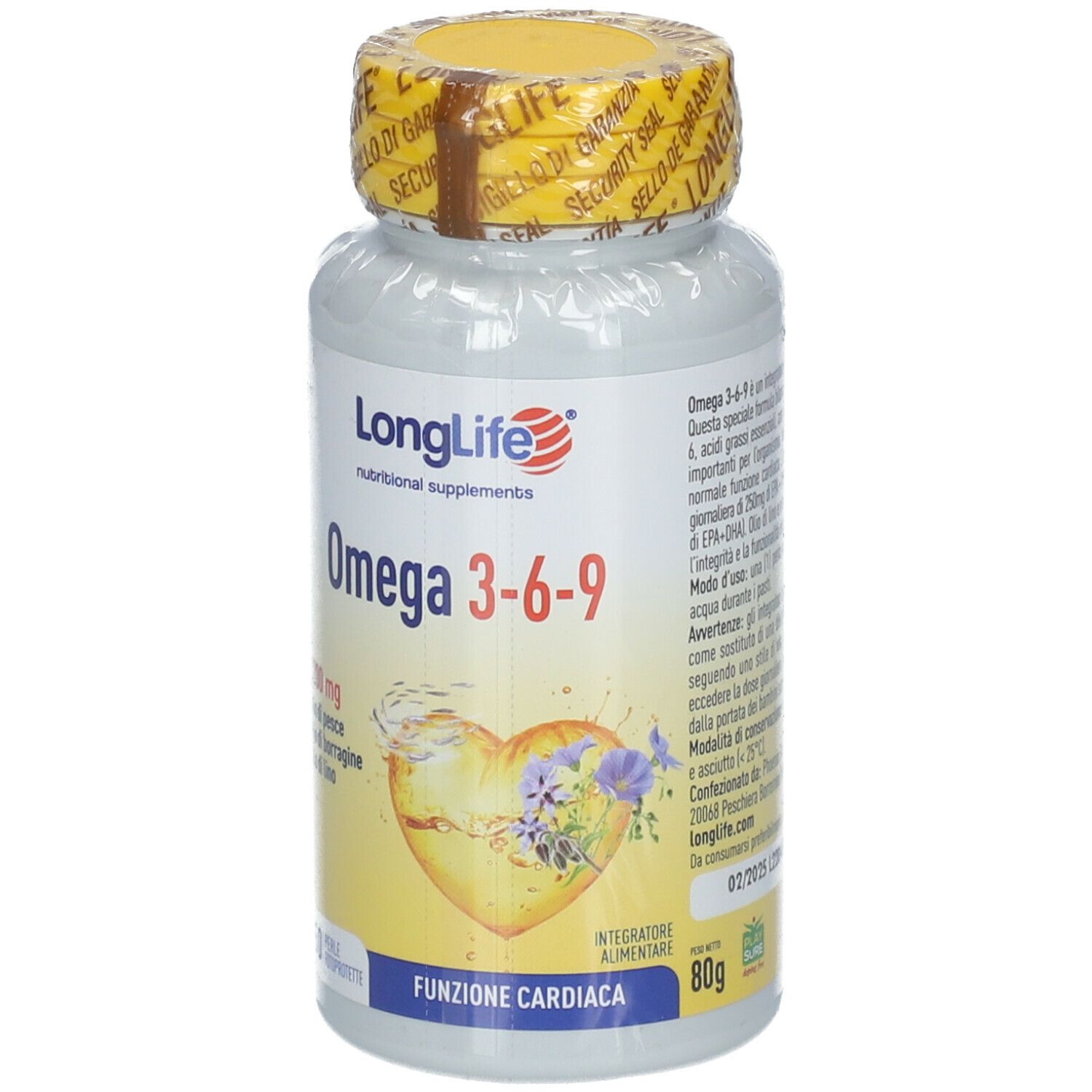Flacone bianco, tappo giallo. Scritta: LongLife Omega 3-6-9. Grafica cuore. 80g. Funzione cardiaca.