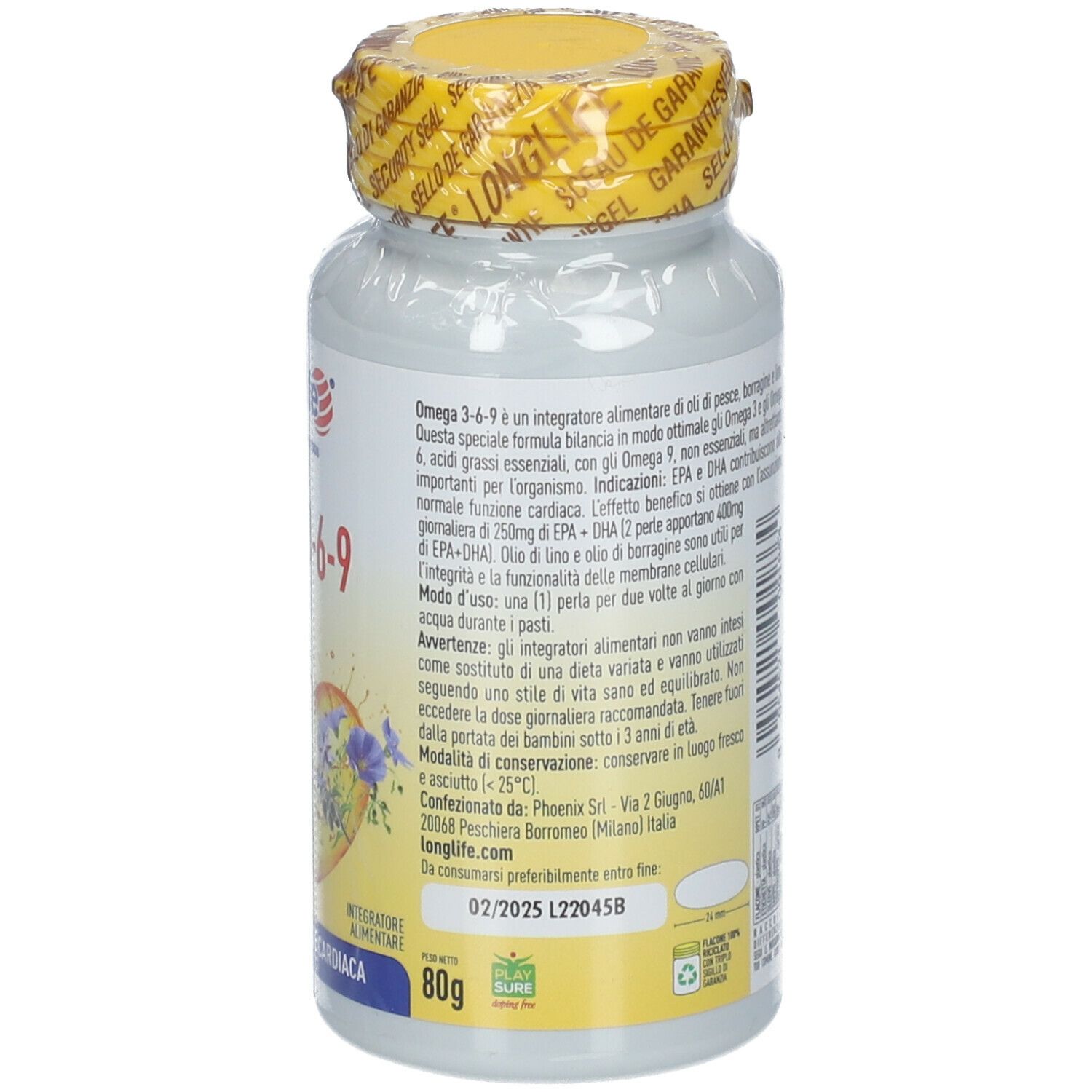 Flacone bianco, tappo giallo. Retro con informazioni prodotto. 80g. Da consumarsi preferibilmente entro 02/2025.