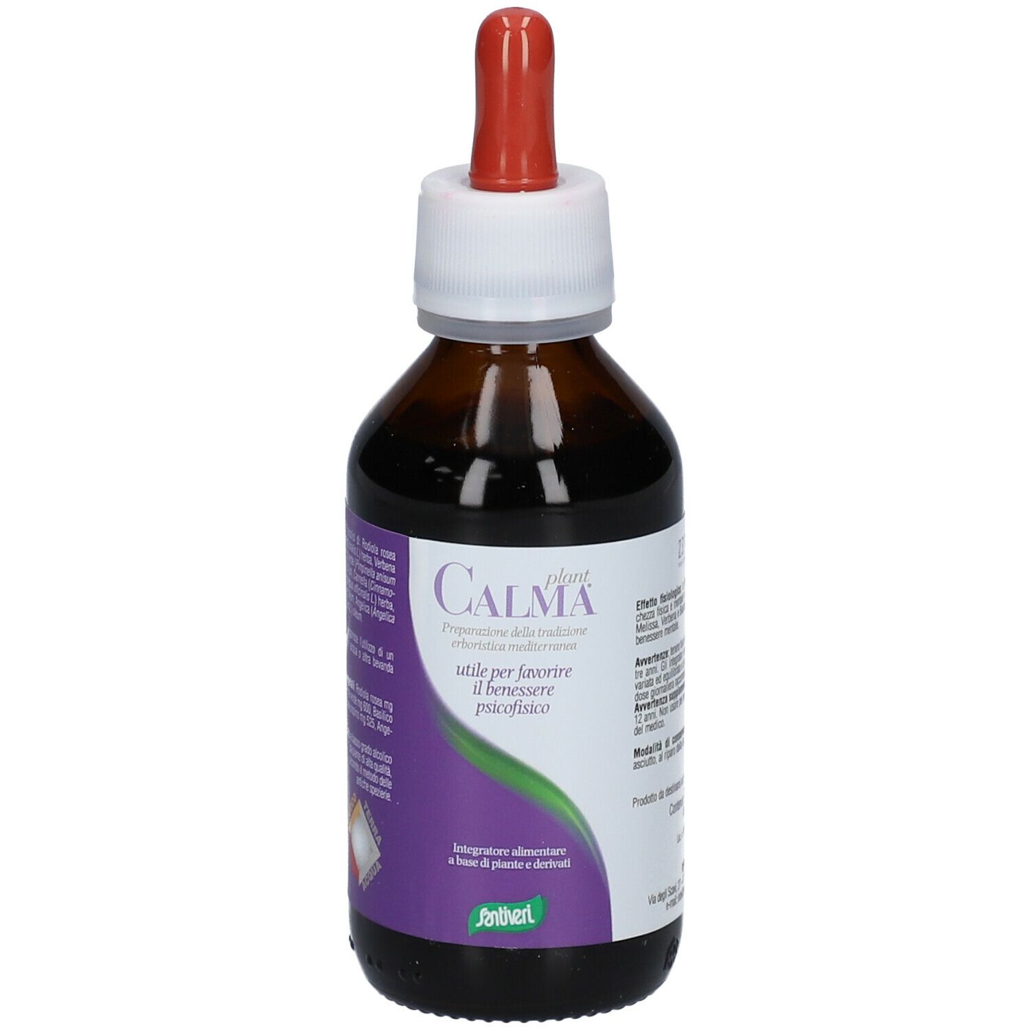 Flacone di vetro marrone con contagocce rosso e tappo bianco. L'etichetta riporta "CalmaPlant".