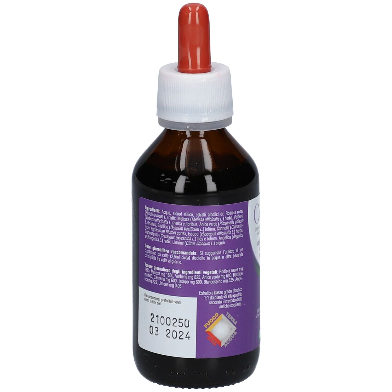 Vista posteriore del flacone di vetro marrone con contagocce rosso. Etichetta con ingredienti e scadenza.