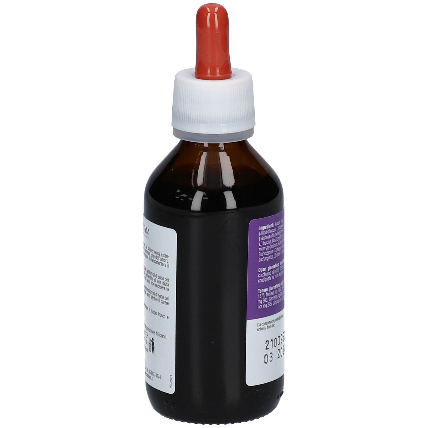 Vista laterale del flacone di vetro marrone con contagocce rosso. Etichetta con ingredienti e scadenza.
