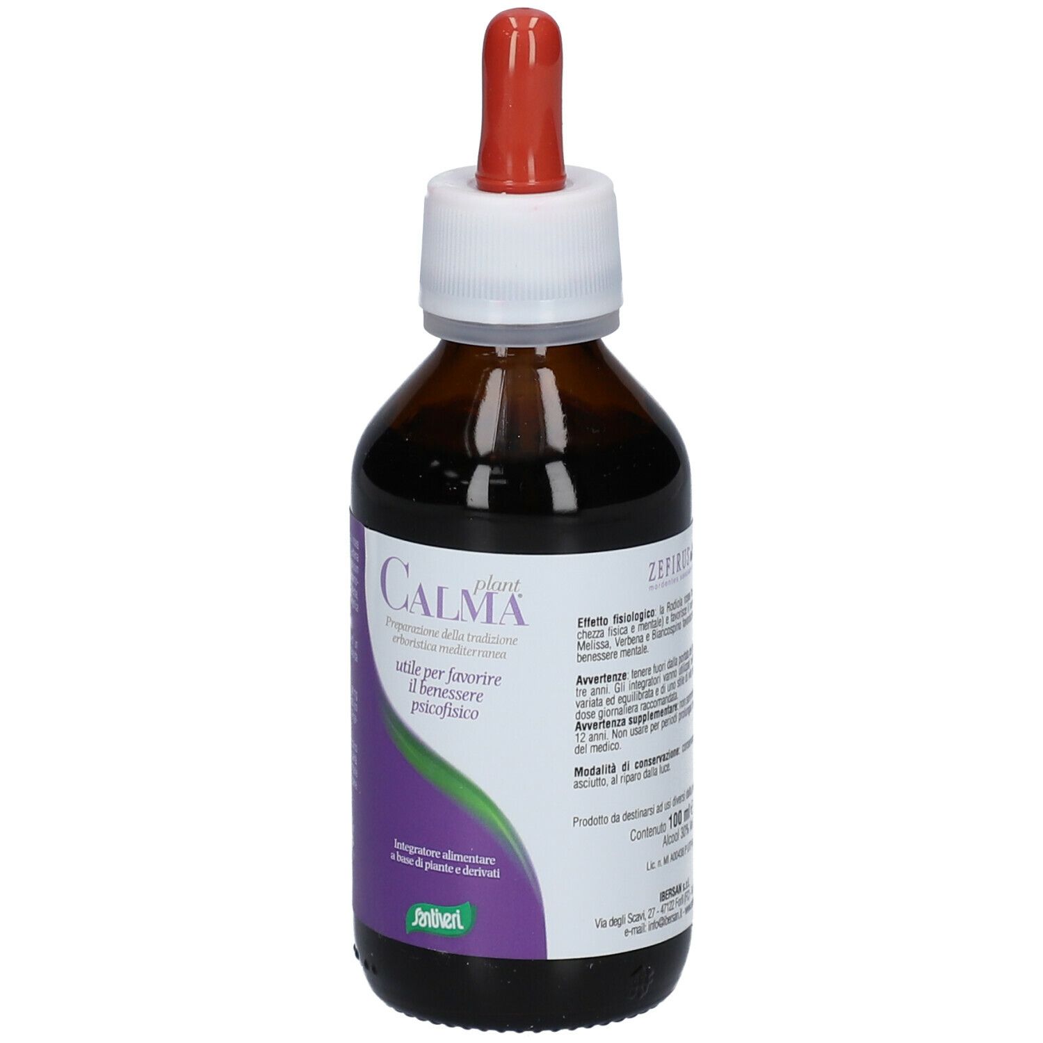 Flacone di vetro marrone con contagocce rosso e tappo bianco. L'etichetta riporta "CalmaPlant".