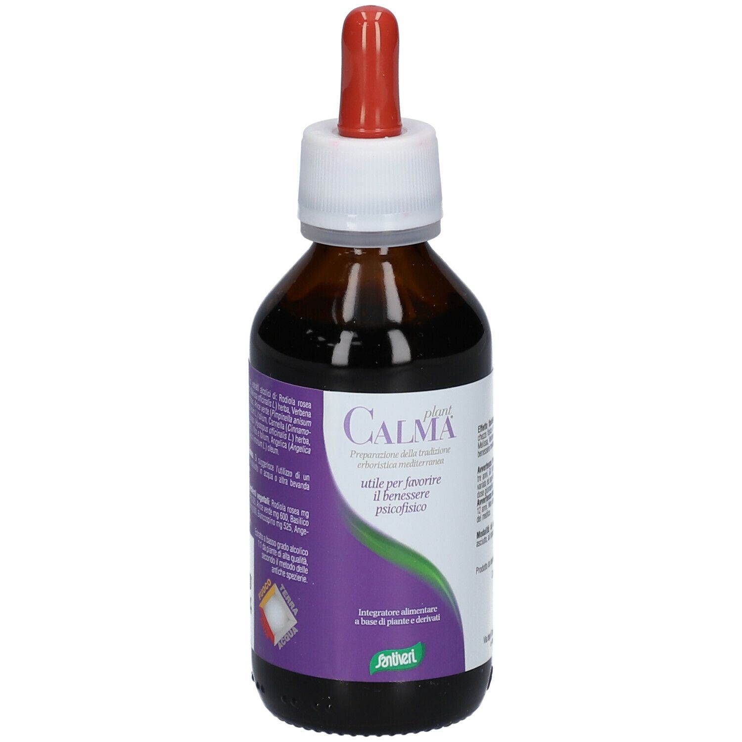 Flacone di vetro marrone con contagocce rosso e tappo bianco. L'etichetta riporta "CalmaPlant".