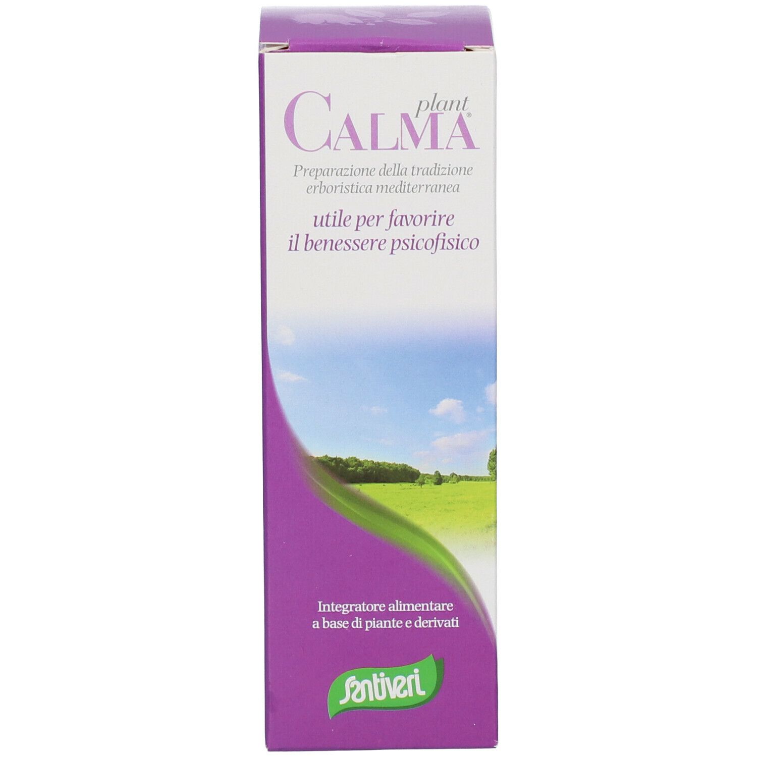 Confezione di CalmaPlant. Design viola e bianco con nome del prodotto e logo.