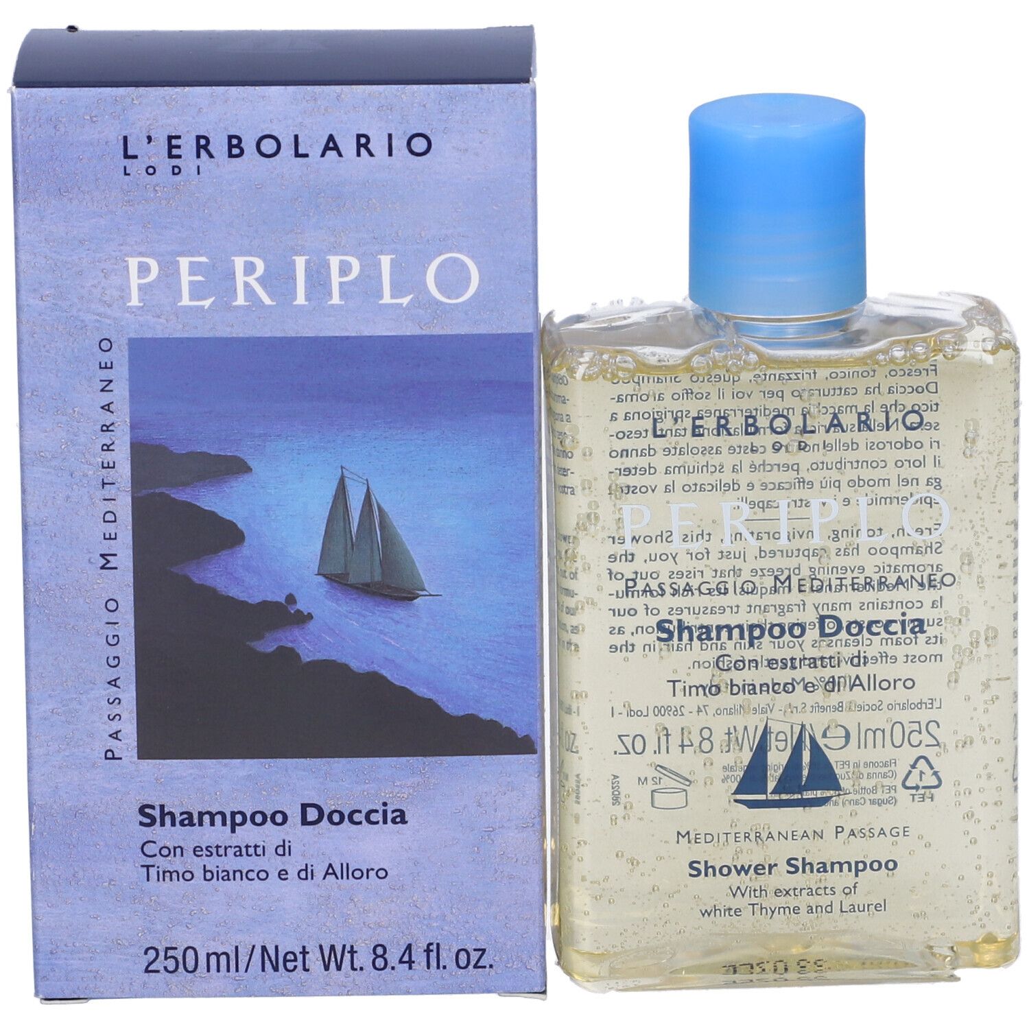 Prodotto e confezione affiancati. Flacone con tappo blu e scatola. Testo: PERIPLO, Shampoo Doccia.