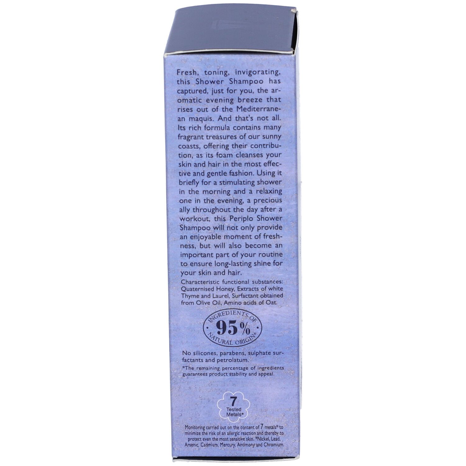 Confezione con testo e ingredienti. Testo: Shower Shampoo, 95% ingredienti naturali. Logo: 7 testati.