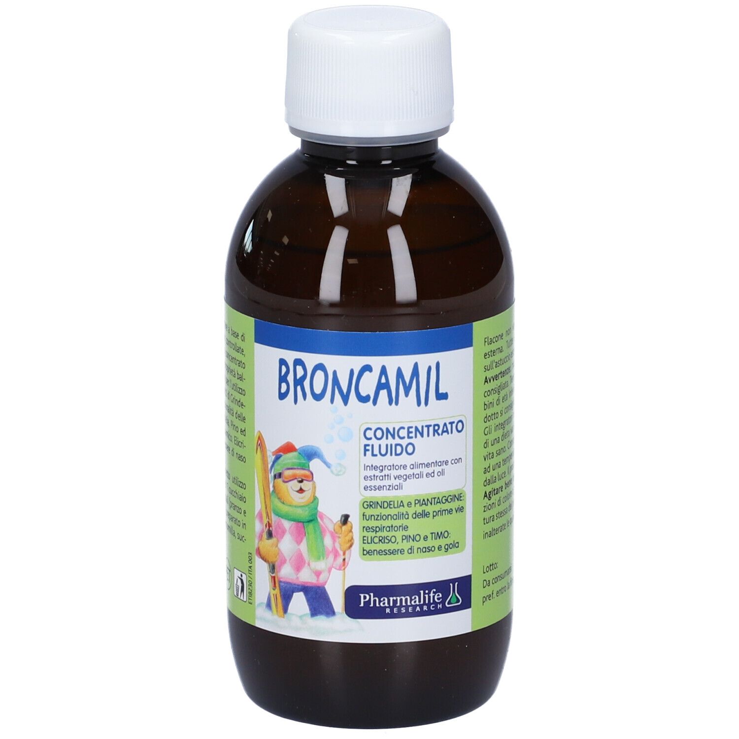 Broncamil Bimbi Concentrato. Bottiglia marrone, tappo bianco. Scritte: nome, illustrazione, ingredienti.