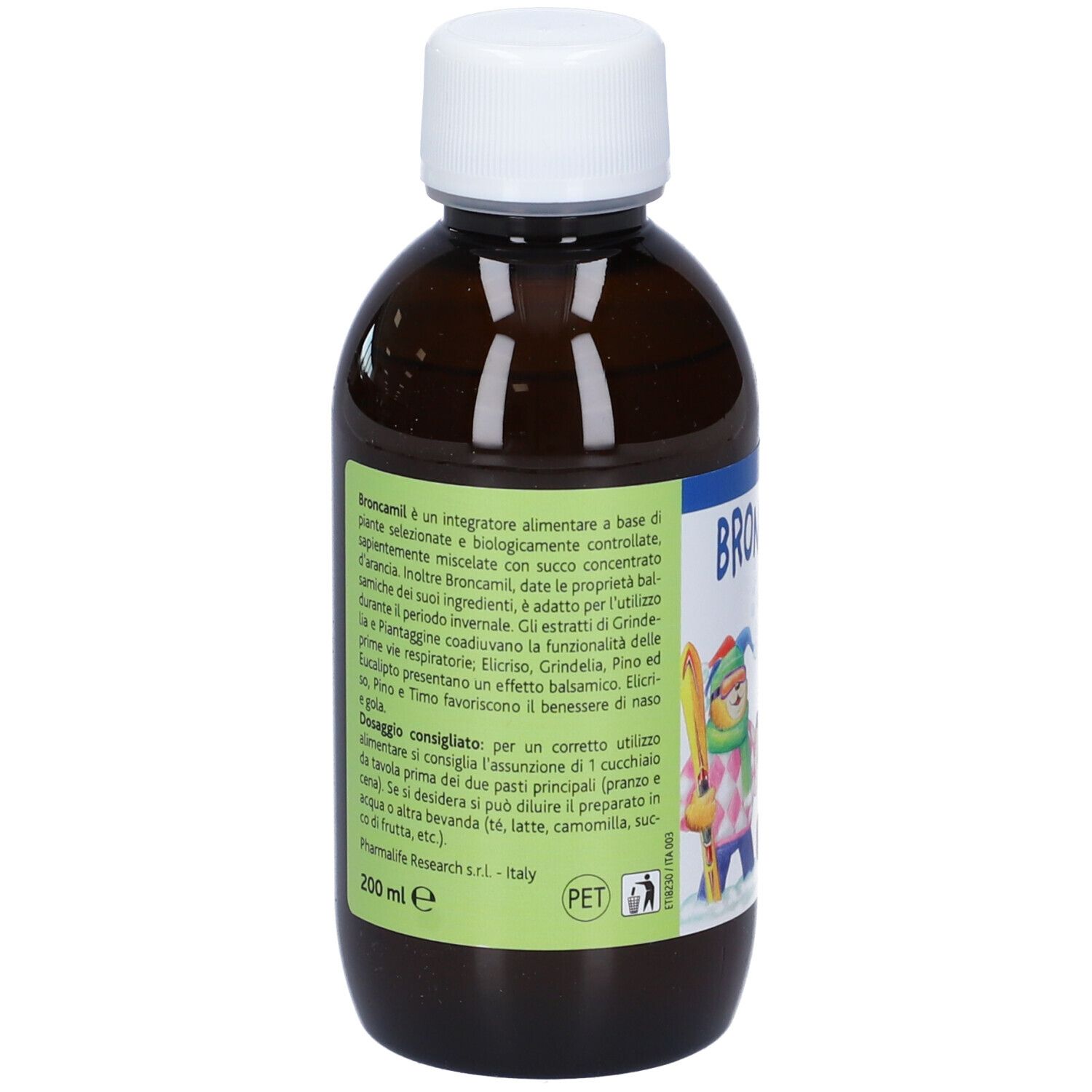 Broncamil Bimbi Concentrato. Bottiglia marrone, tappo bianco. Scritte: ingredienti, istruzioni, avvertenze.
