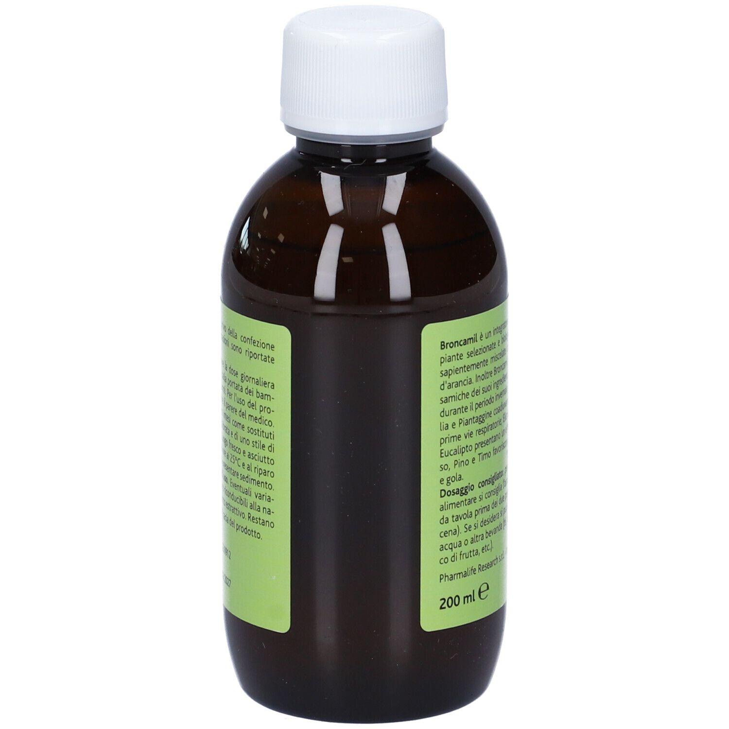 Broncamil Bimbi Concentrato. Bottiglia marrone, tappo bianco. Scritte: avvertenze, lotto, data di scadenza.