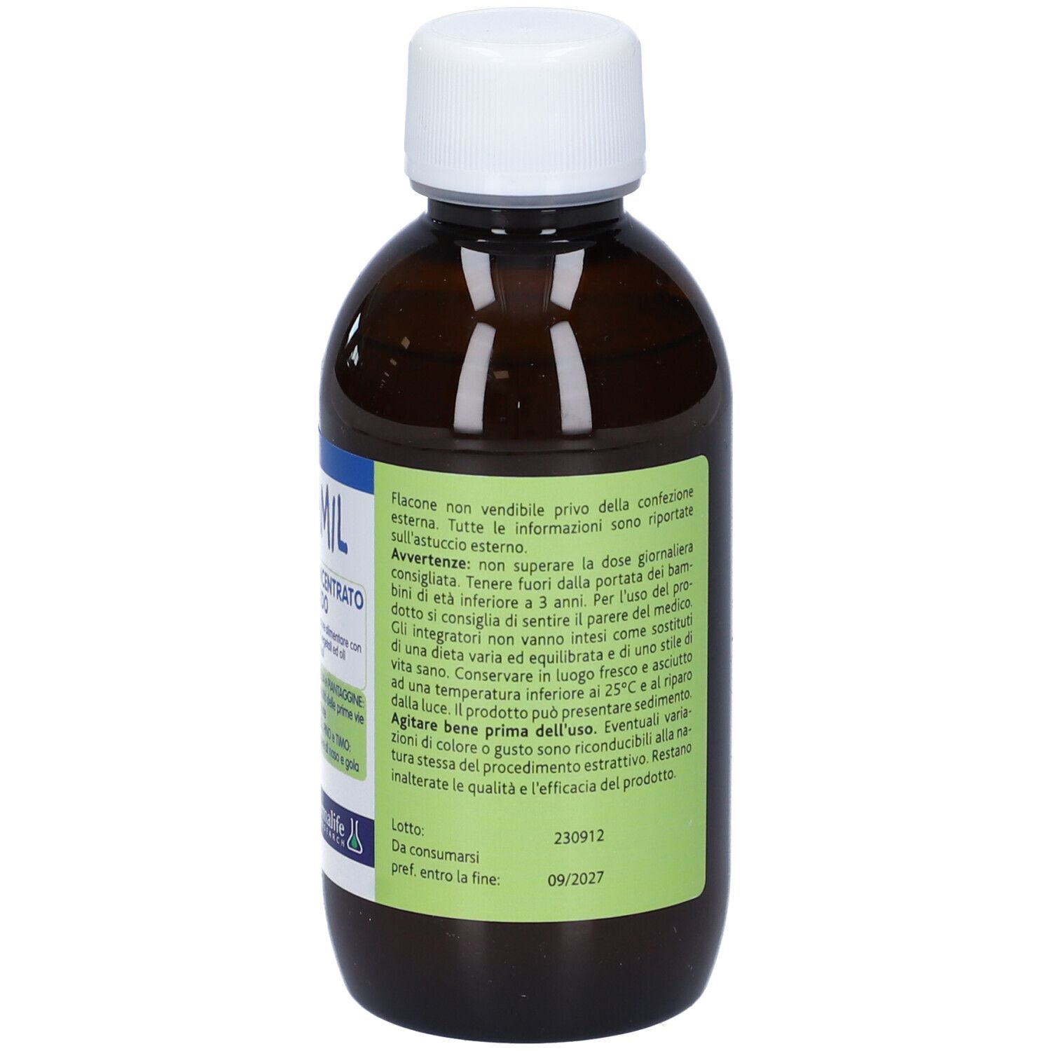 Broncamil Bimbi Concentrato. Bottiglia marrone, tappo bianco. Scritte: nome, ingredienti, illustrazione.