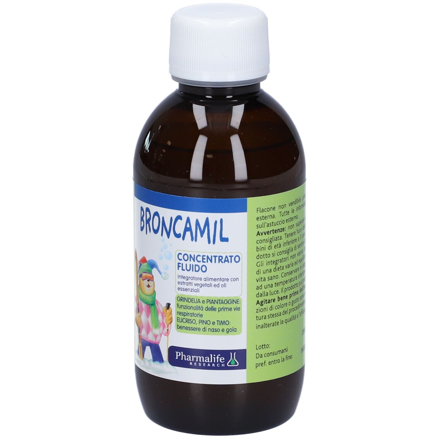 Broncamil Bimbi Concentrato. Bottiglia marrone, tappo bianco. Scritte: nome, ingredienti, illustrazione.