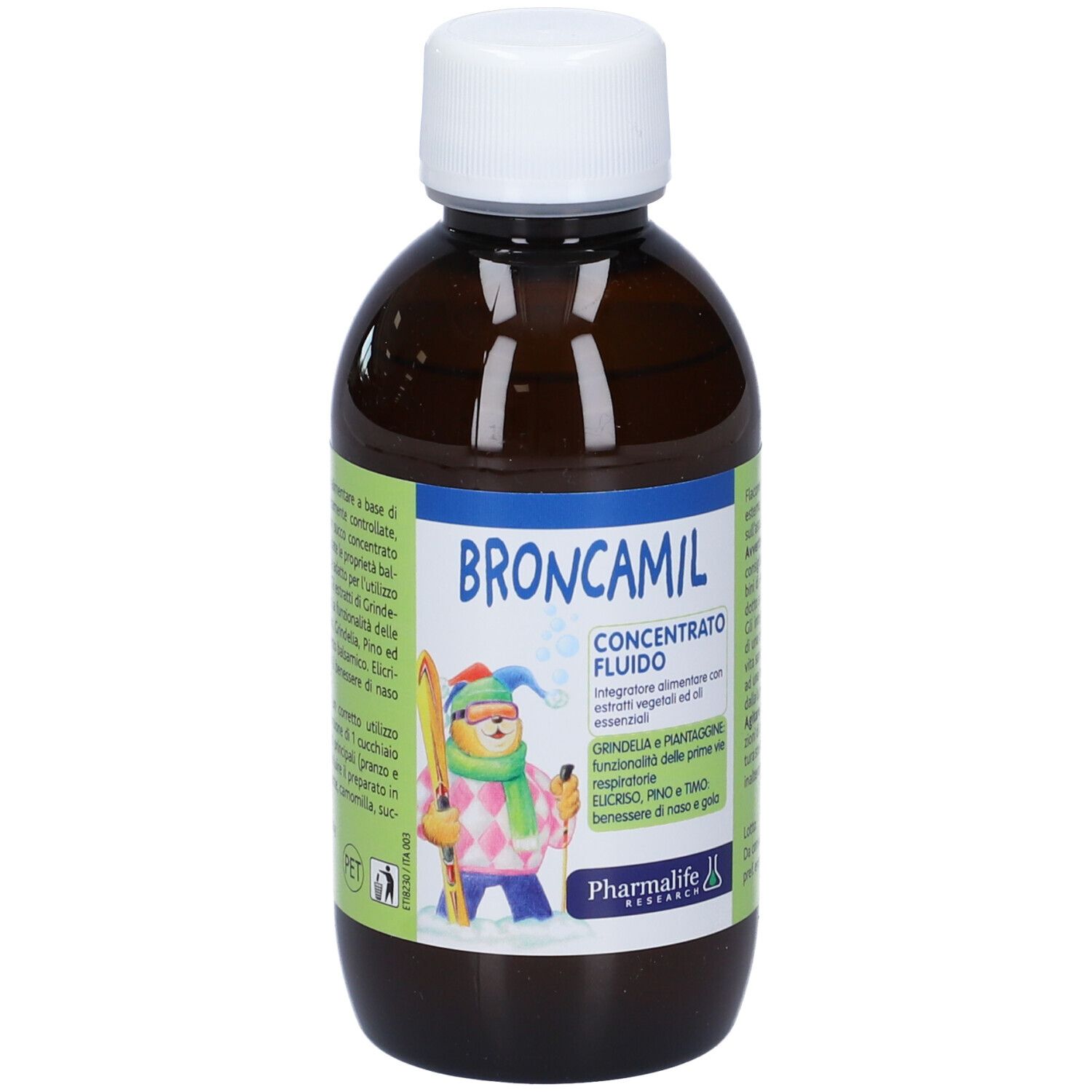 Broncamil Bimbi Concentrato. Bottiglia marrone, tappo bianco. Scritte: nome, ingredienti, illustrazione.