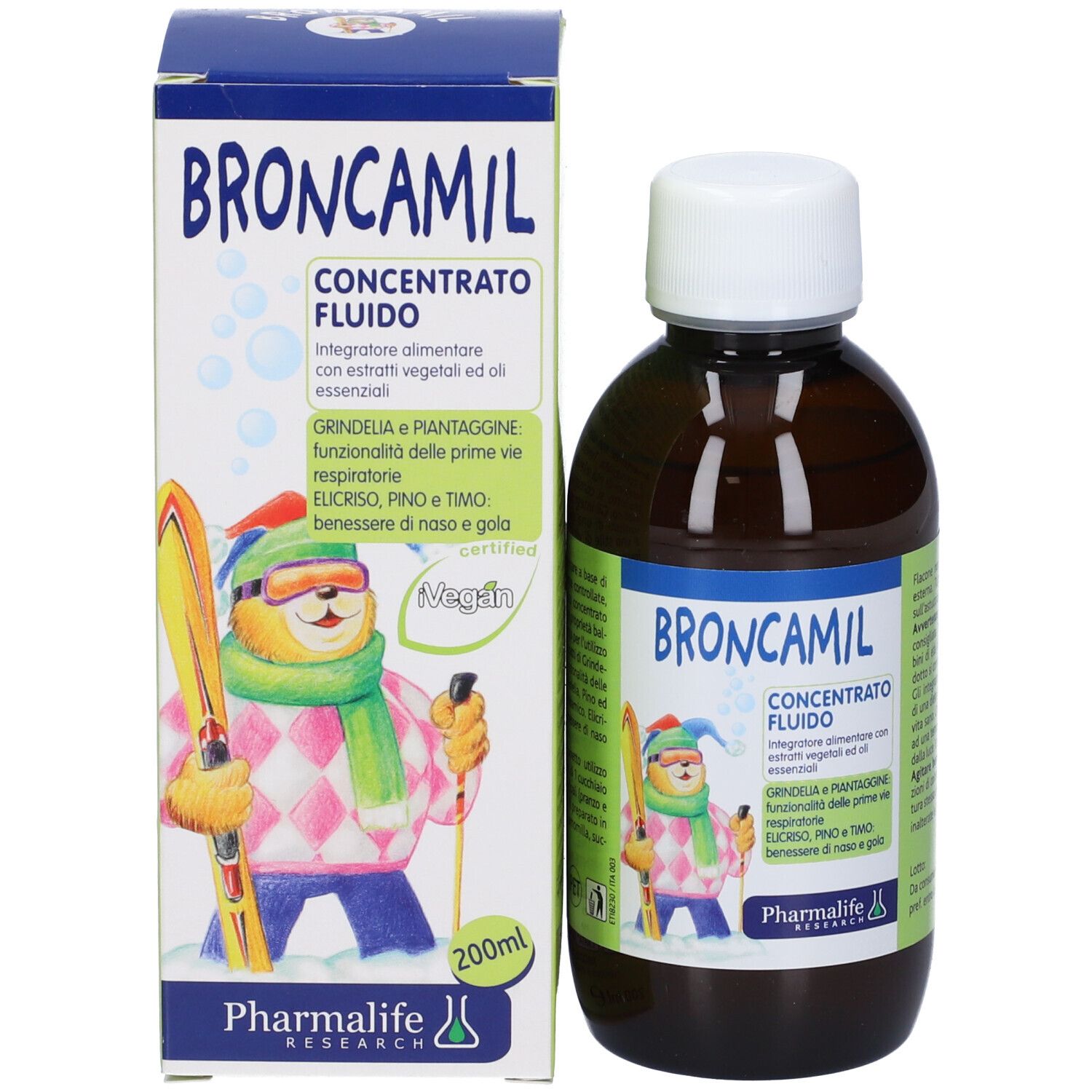 Broncamil Bimbi Concentrato. Bottiglia e scatola. Scritte: nome, illustrazione, 200ml, Vegan.