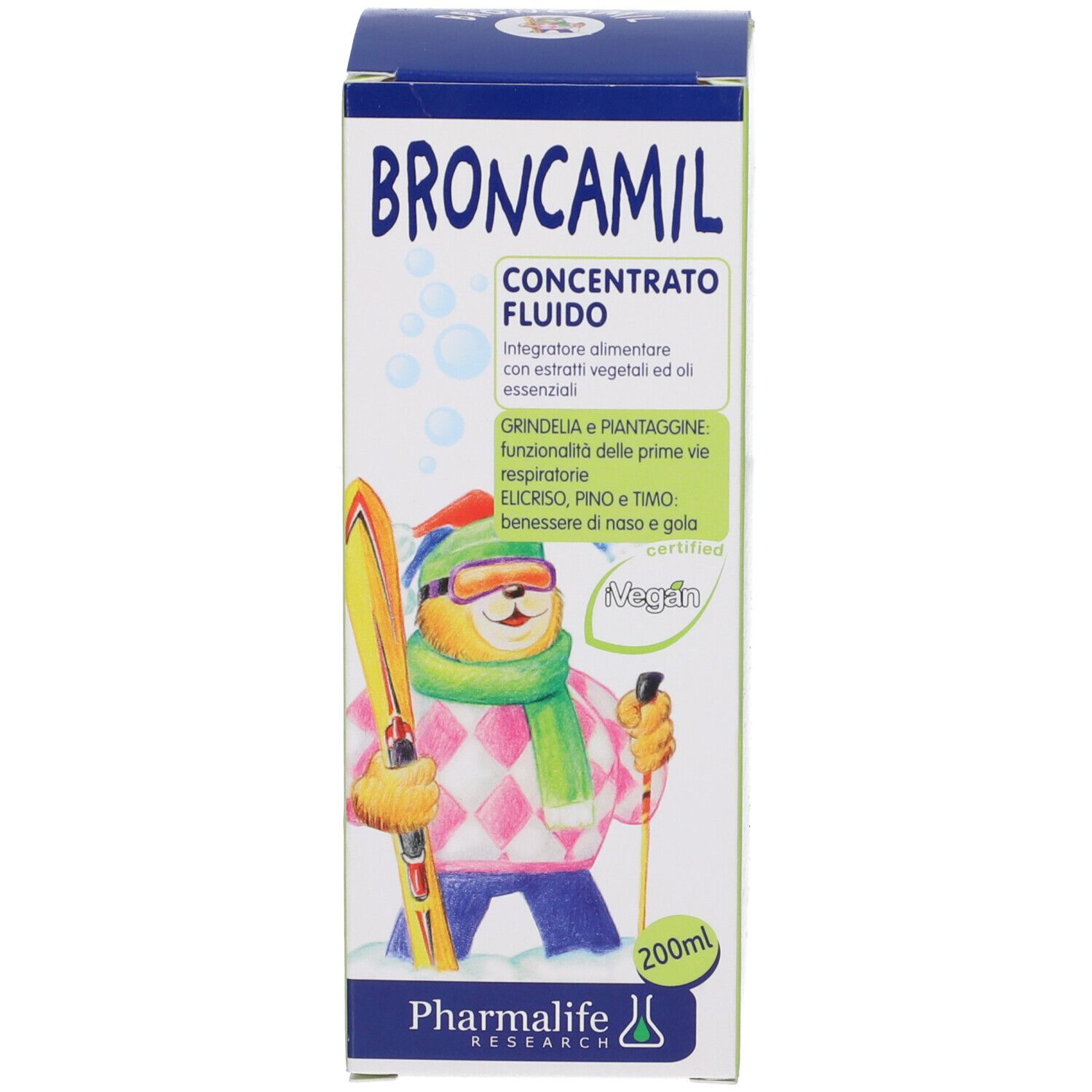 Broncamil Bimbi Concentrato. Scatola. Scritte: nome, illustrazione, 200ml, Vegan.