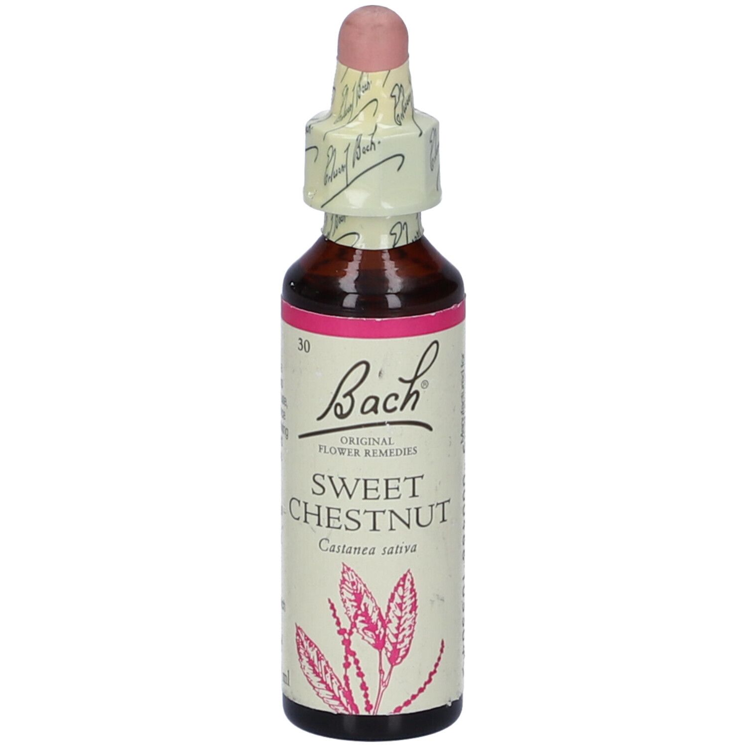 Flacone di vetro marrone con tappo rosa. Etichetta "Bach" e "Sweet Chestnut".