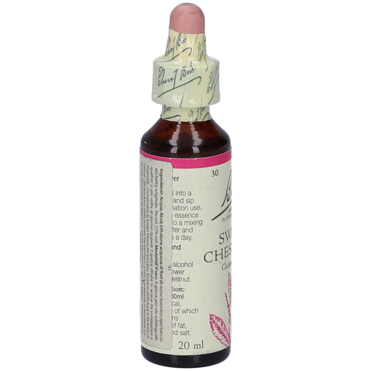 Flacone marrone con tappo rosa. Etichetta con testo e informazioni. 20 ml.