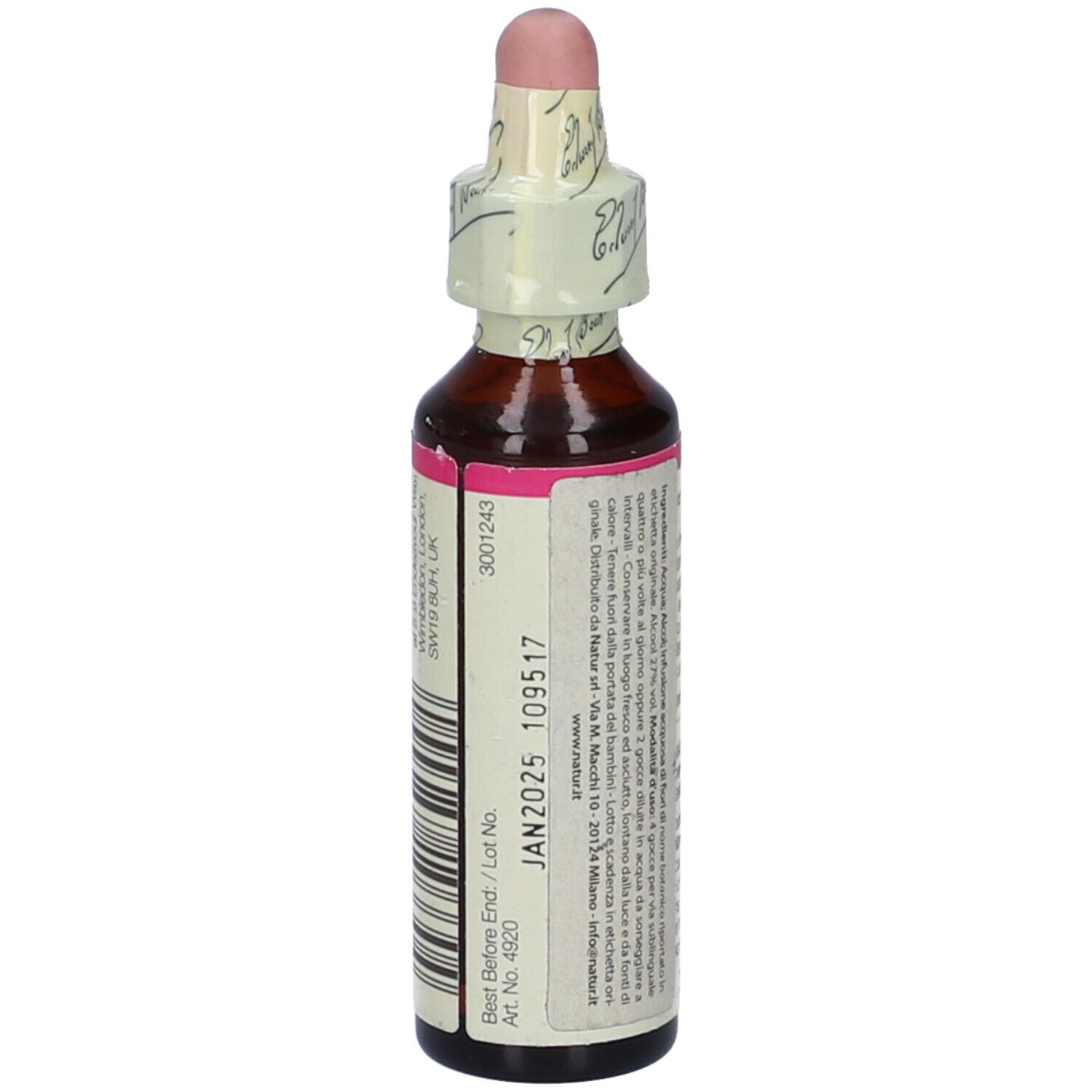 Flacone marrone con tappo rosa. Etichetta con codice a barre e data di scadenza.