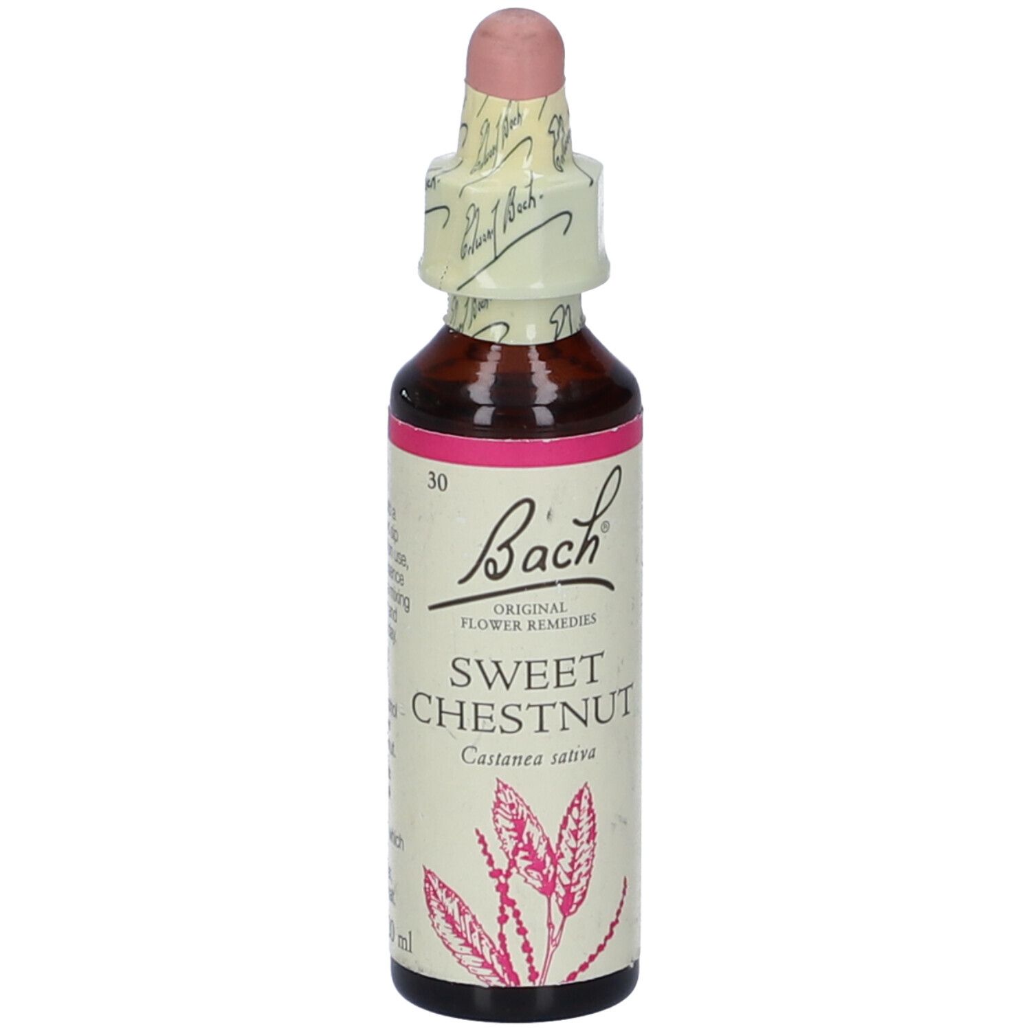 Flacone marrone con tappo rosa. Etichetta "Bach" e "Sweet Chestnut".