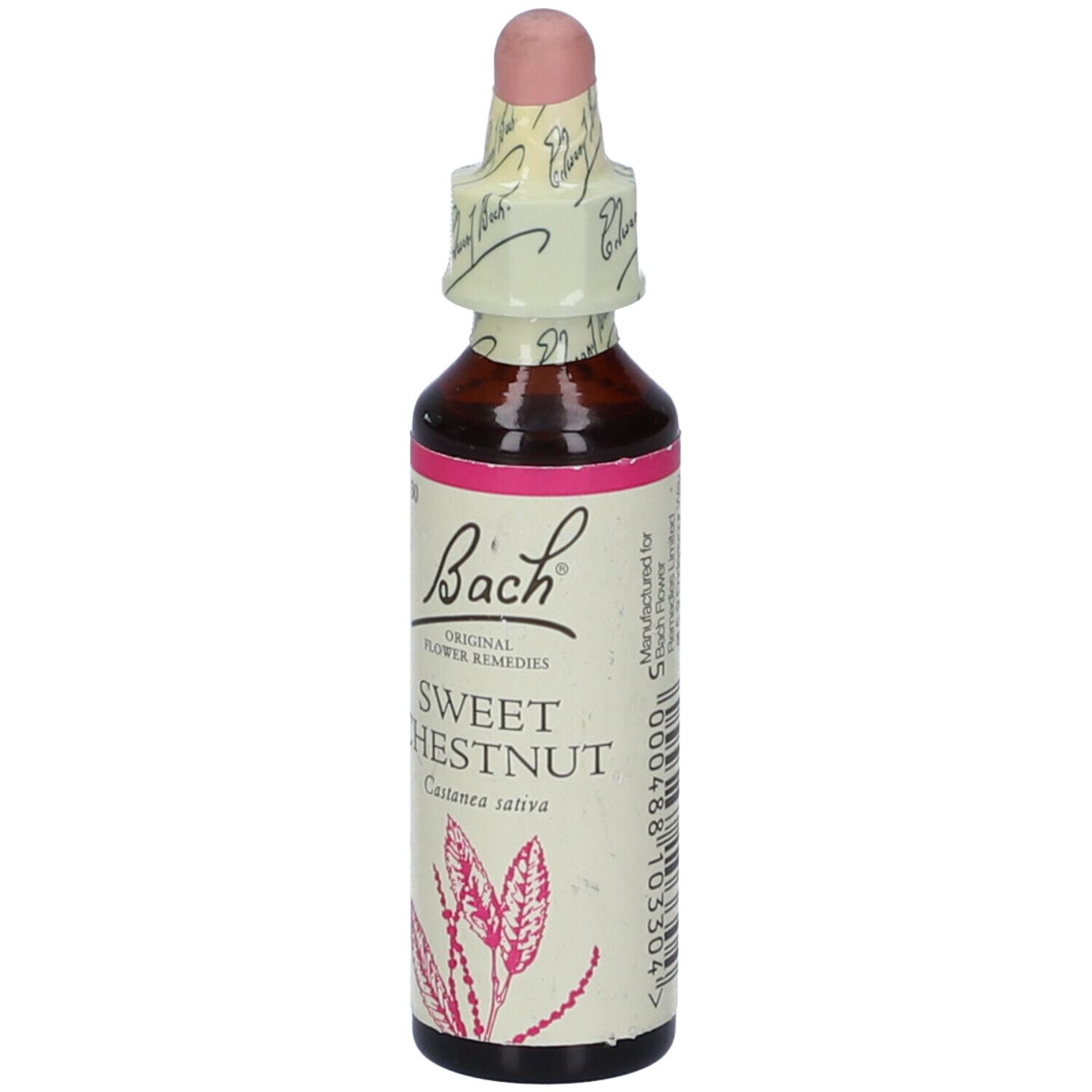 Flacone marrone con tappo rosa. Etichetta "Bach" e "Sweet Chestnut".